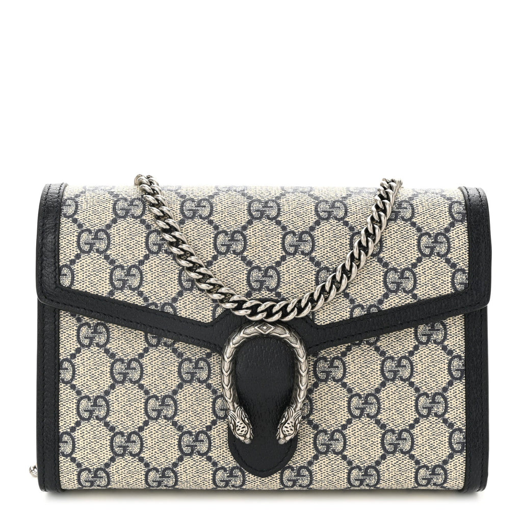 GG Supreme Monogram Textured Dollar Calfskin Mini Dionysus Chain Wallet Beige Blue