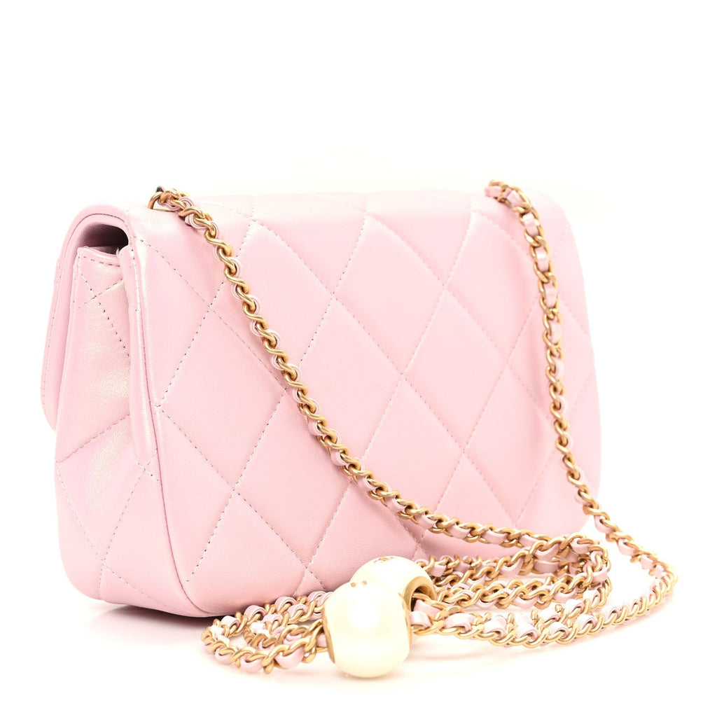 Pearly Lambskin Pearl Quilted Small Flap Pink