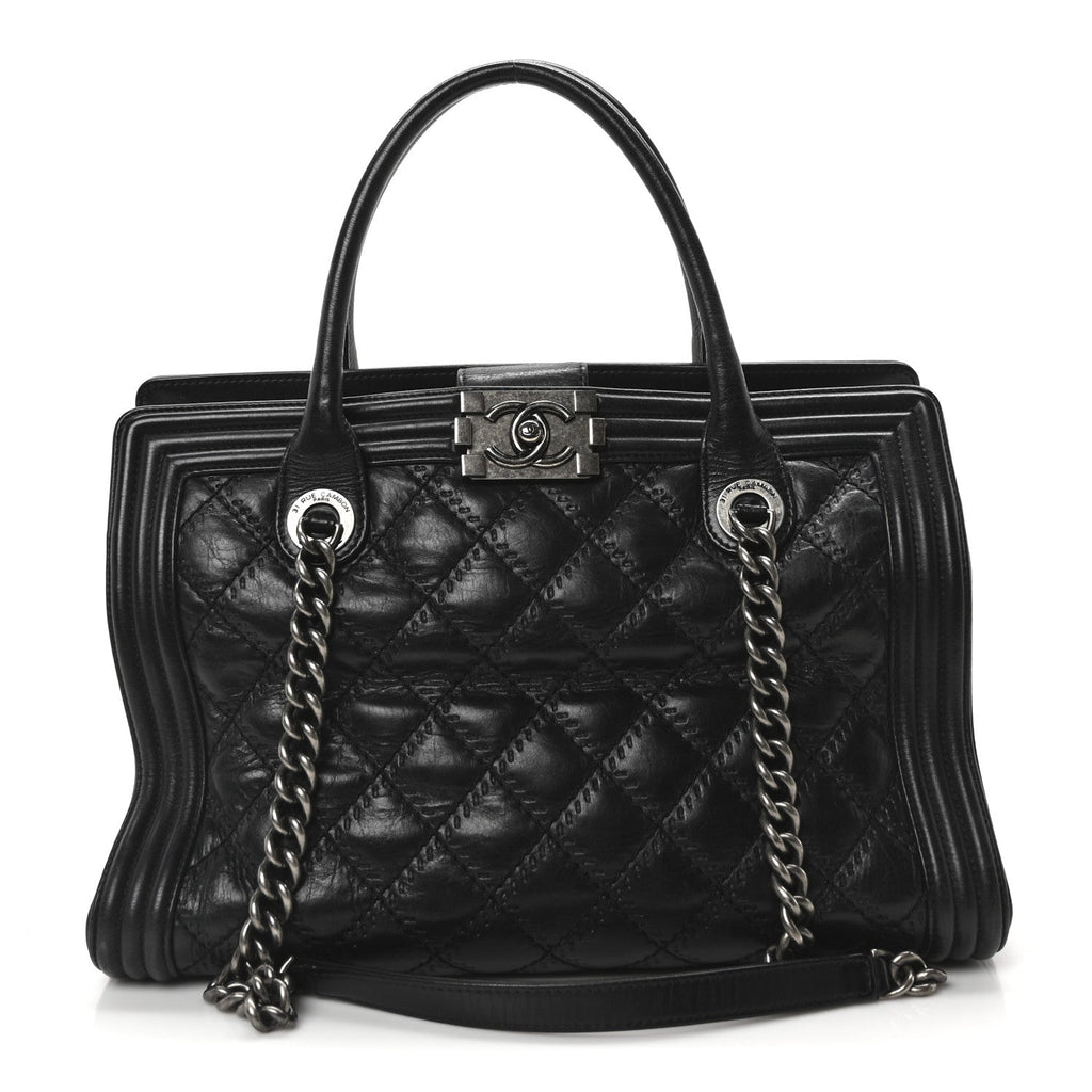 Calfskin Quilted Double Stitch Large Boy Tote Black