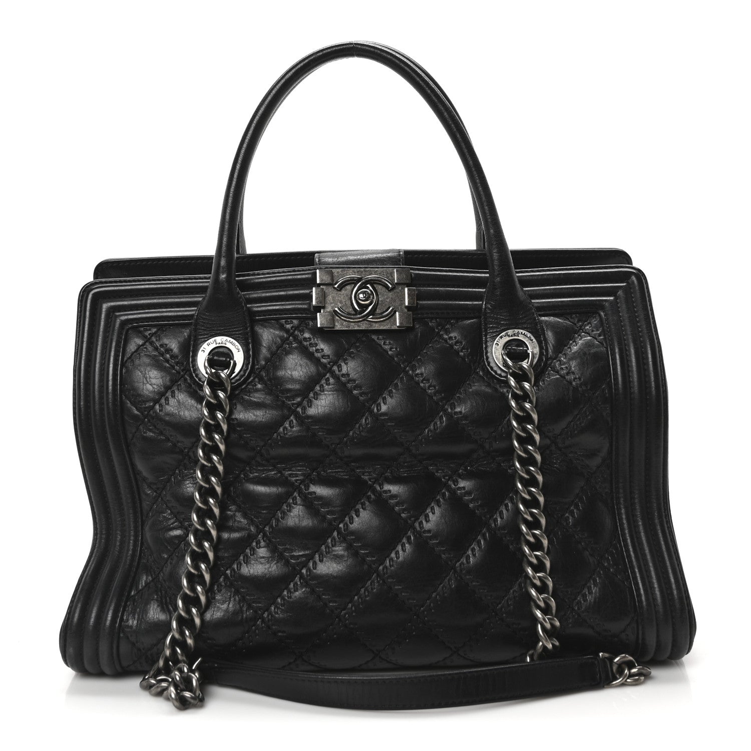 Calfskin Quilted Double Stitch Large Boy Tote Black