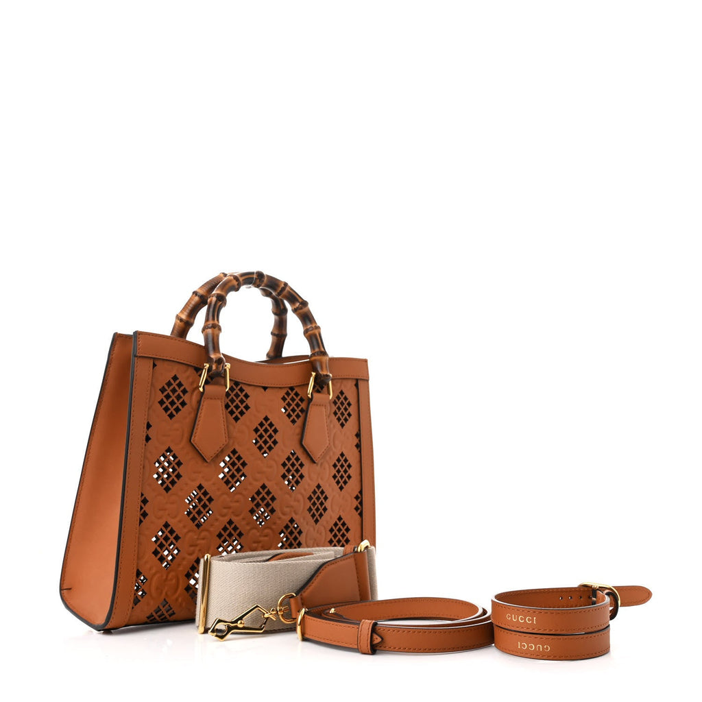 Calfskin Debossed GG Lase-Cut Small Diana Tote Bag Harness Brown