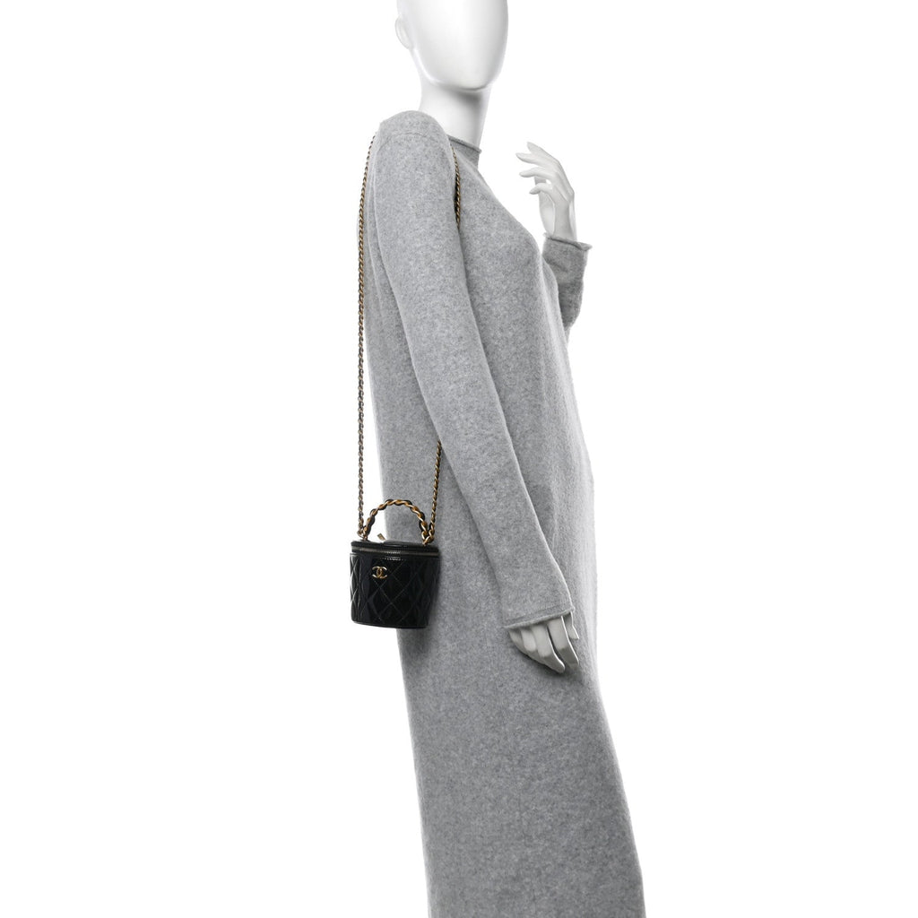 Patent Quilted Afternoon Tea Top Handle Vanity Case With Chain Black