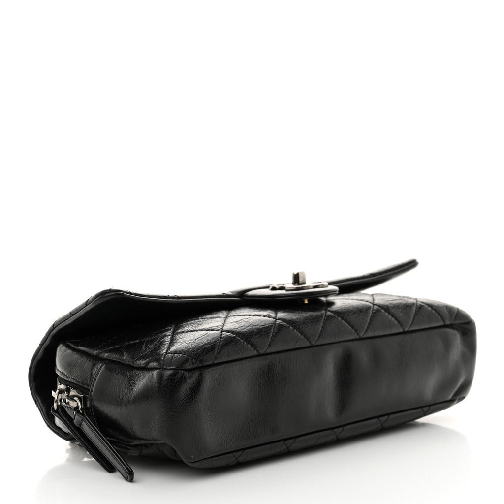 Glazed Calfskin Quilted Medium Duo Color Flap Black