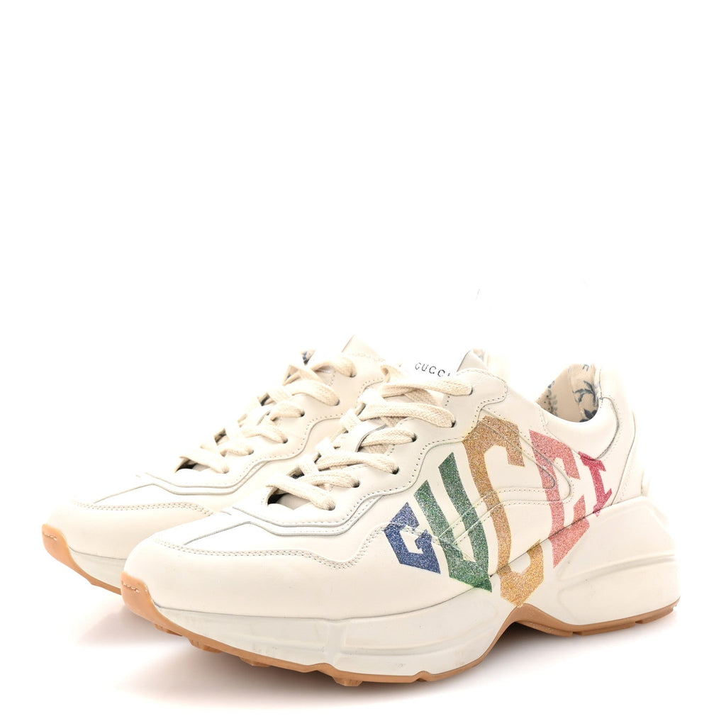 Calfskin Glitter Game Logo Womens Rhyton Sneakers 38 Mystic White
