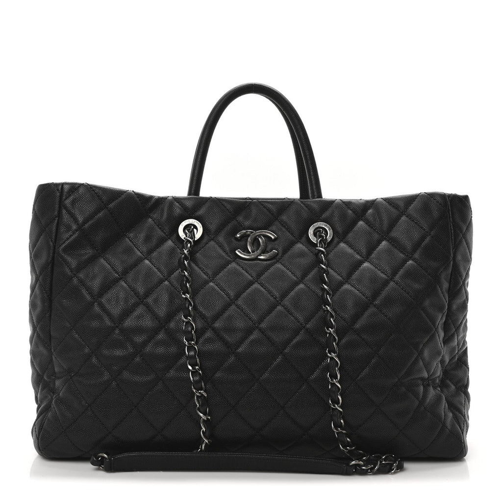 Caviar Quilted Large Coco Handle Shopping Tote Black