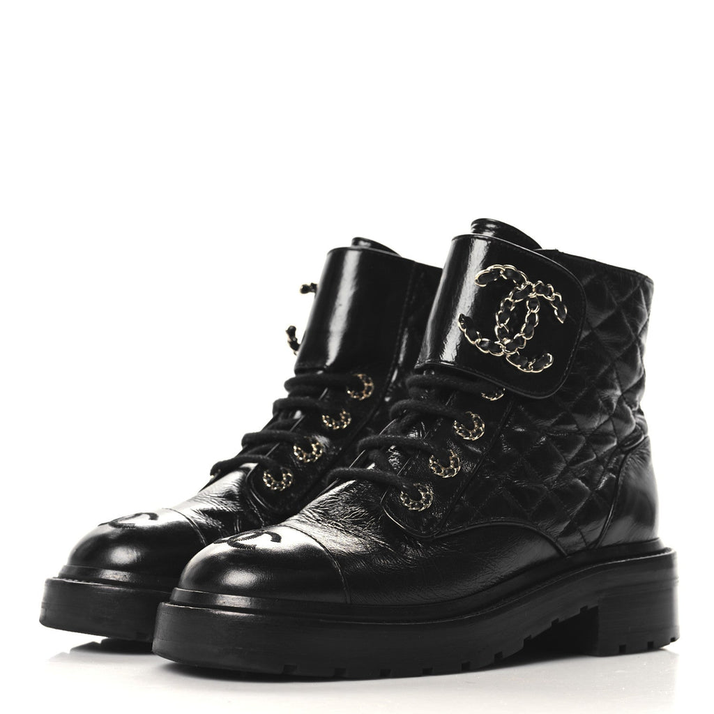 Shiny Calfskin Quilted Lace Up Combat Boots 35 Black