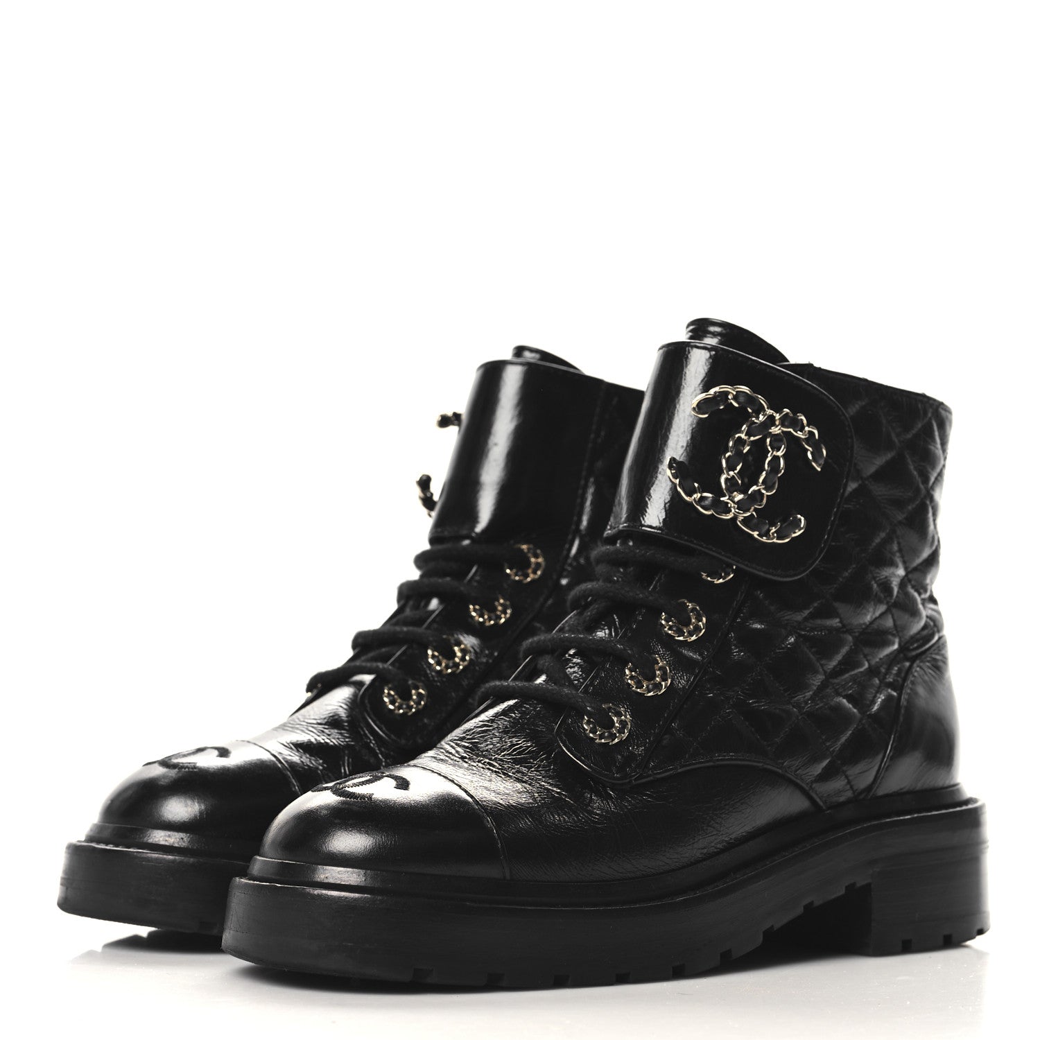 Shiny Calfskin Quilted Lace Up Combat Boots 35 Black