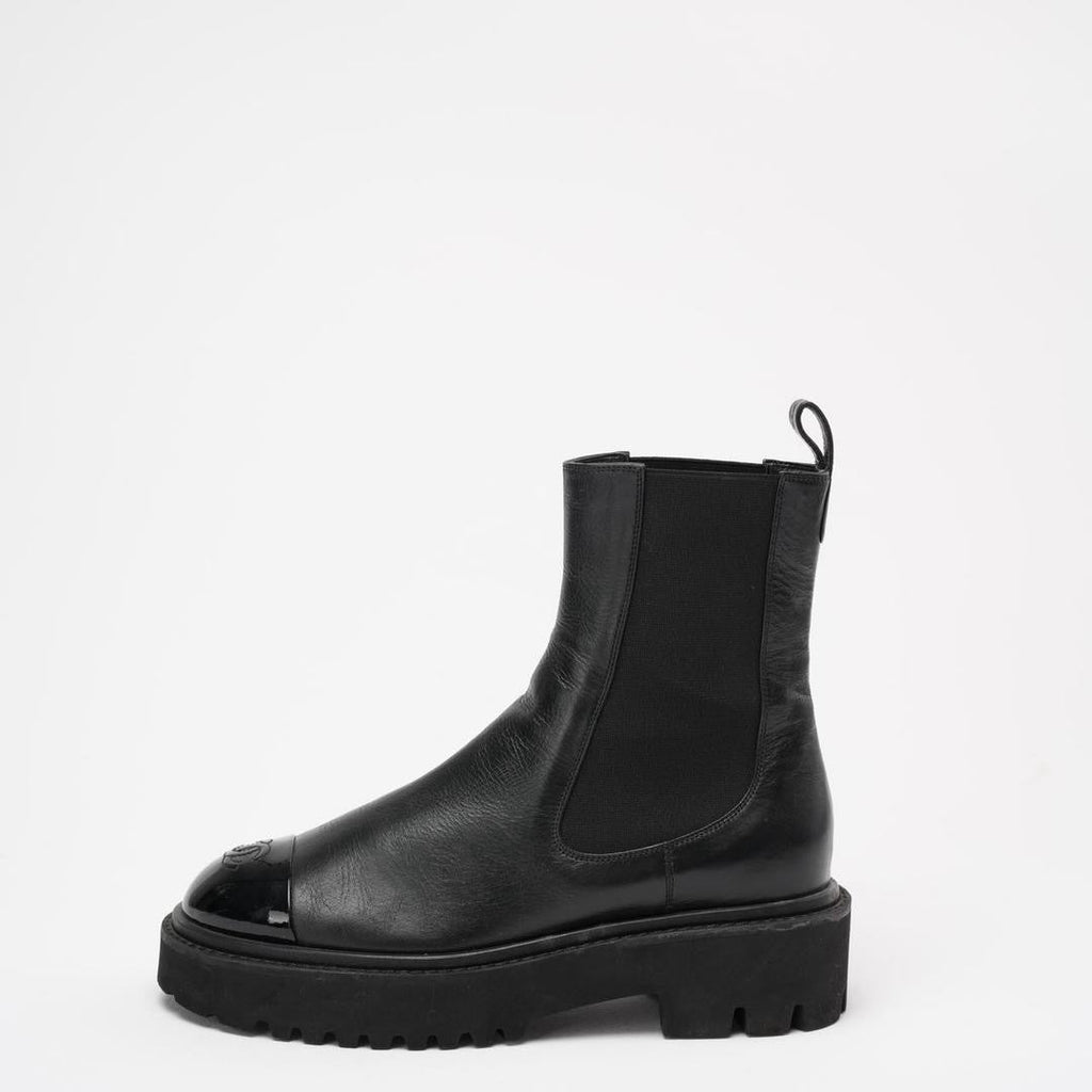Chanel Black Crumpled Cap Toe Short Boots 38