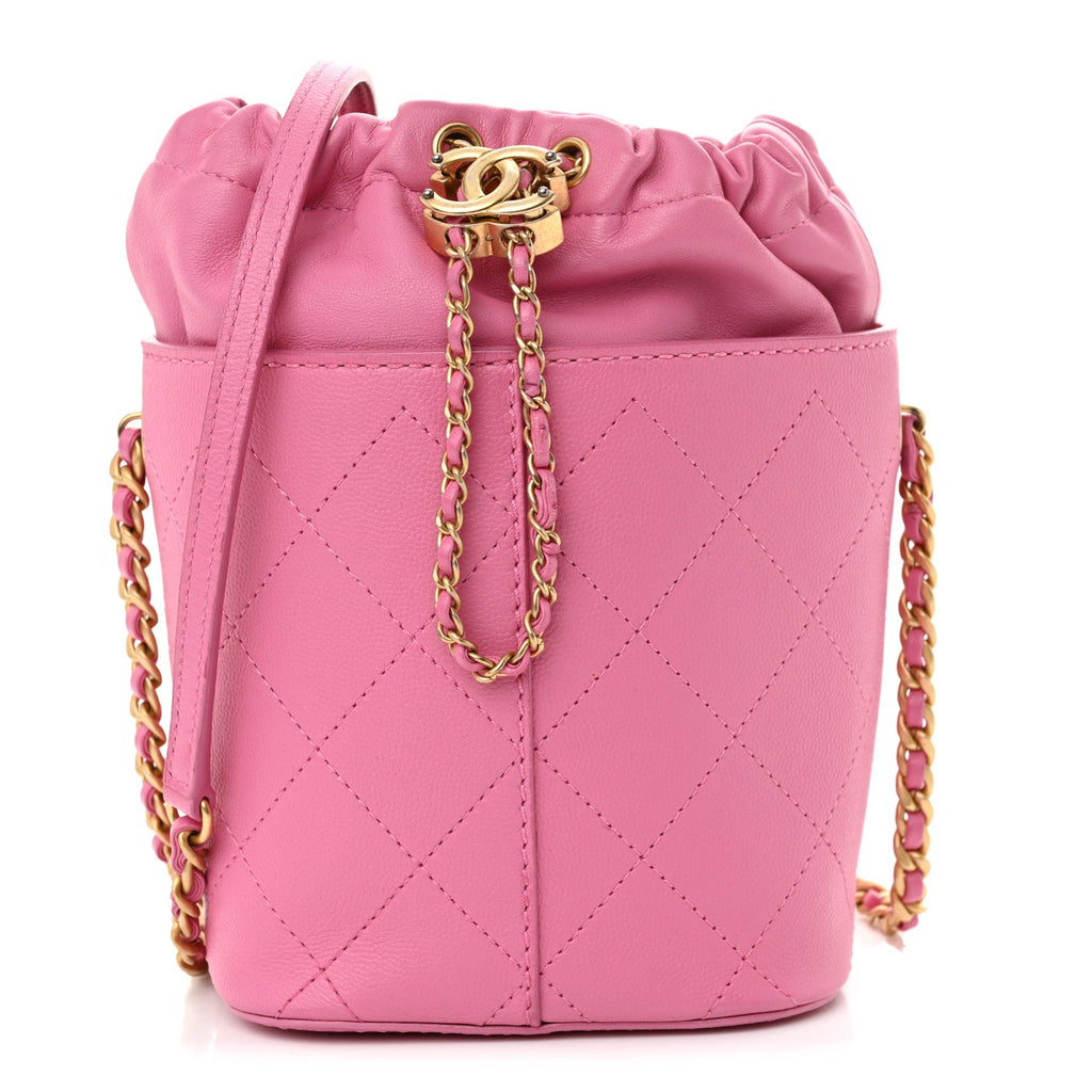 Calfskin Small CC Chain Bucket Drawstring Bag Pink