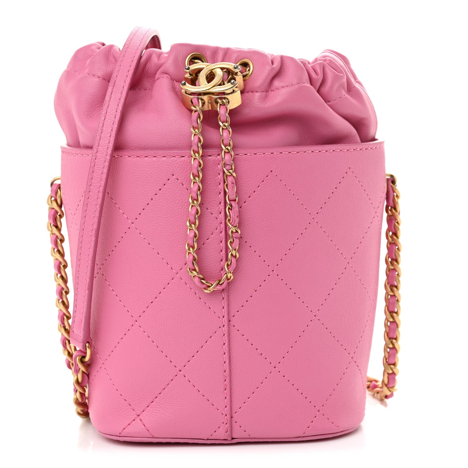 Calfskin Small CC Chain Bucket Drawstring Bag Pink