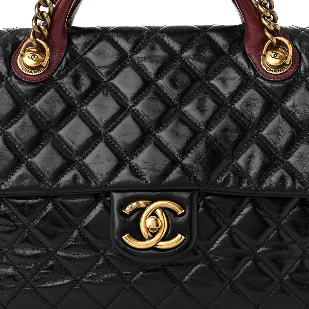 Glazed Calfskin Castle Rock Large Flap Black Burgundy