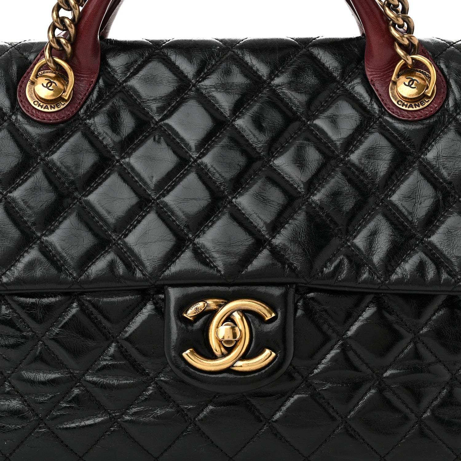 Glazed Calfskin Castle Rock Large Flap Black Burgundy