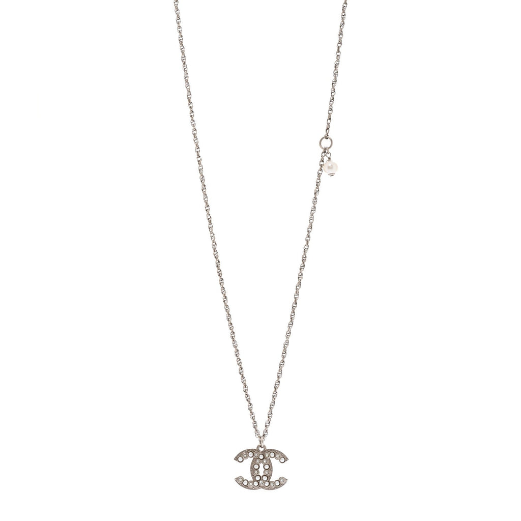 Pearl Crystal CC Pendant Necklace Silver