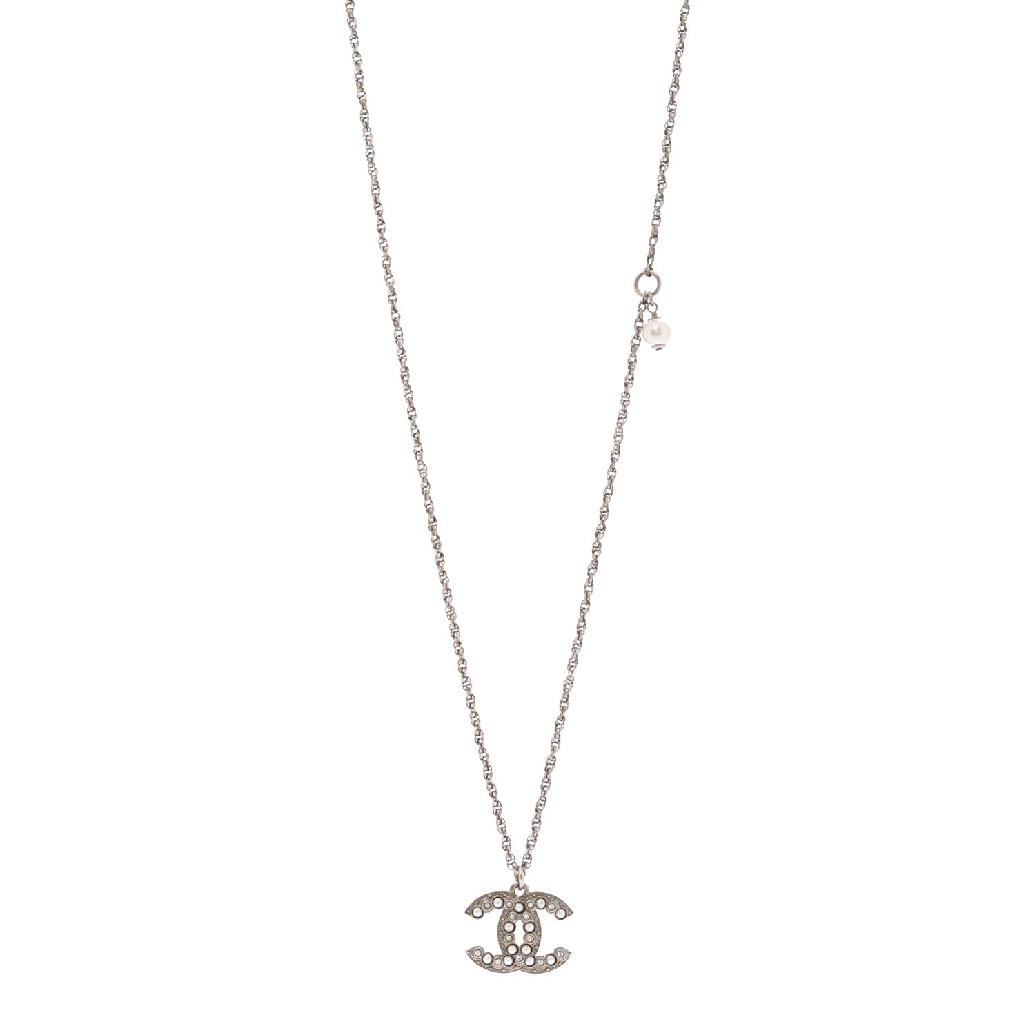 Pearl Crystal CC Pendant Necklace Silver