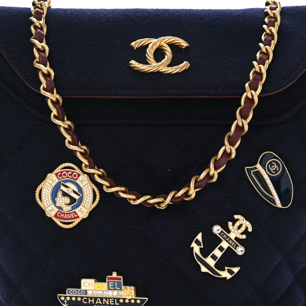 Wool Lambskin Quilted Paris Hamburg Charms Bucket Bag Dark Navy