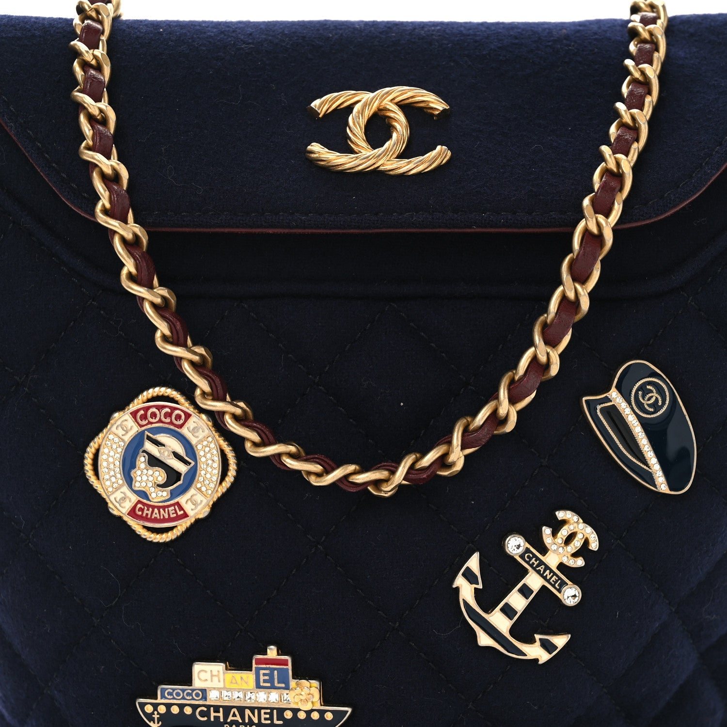 Wool Lambskin Quilted Paris Hamburg Charms Bucket Bag Dark Navy