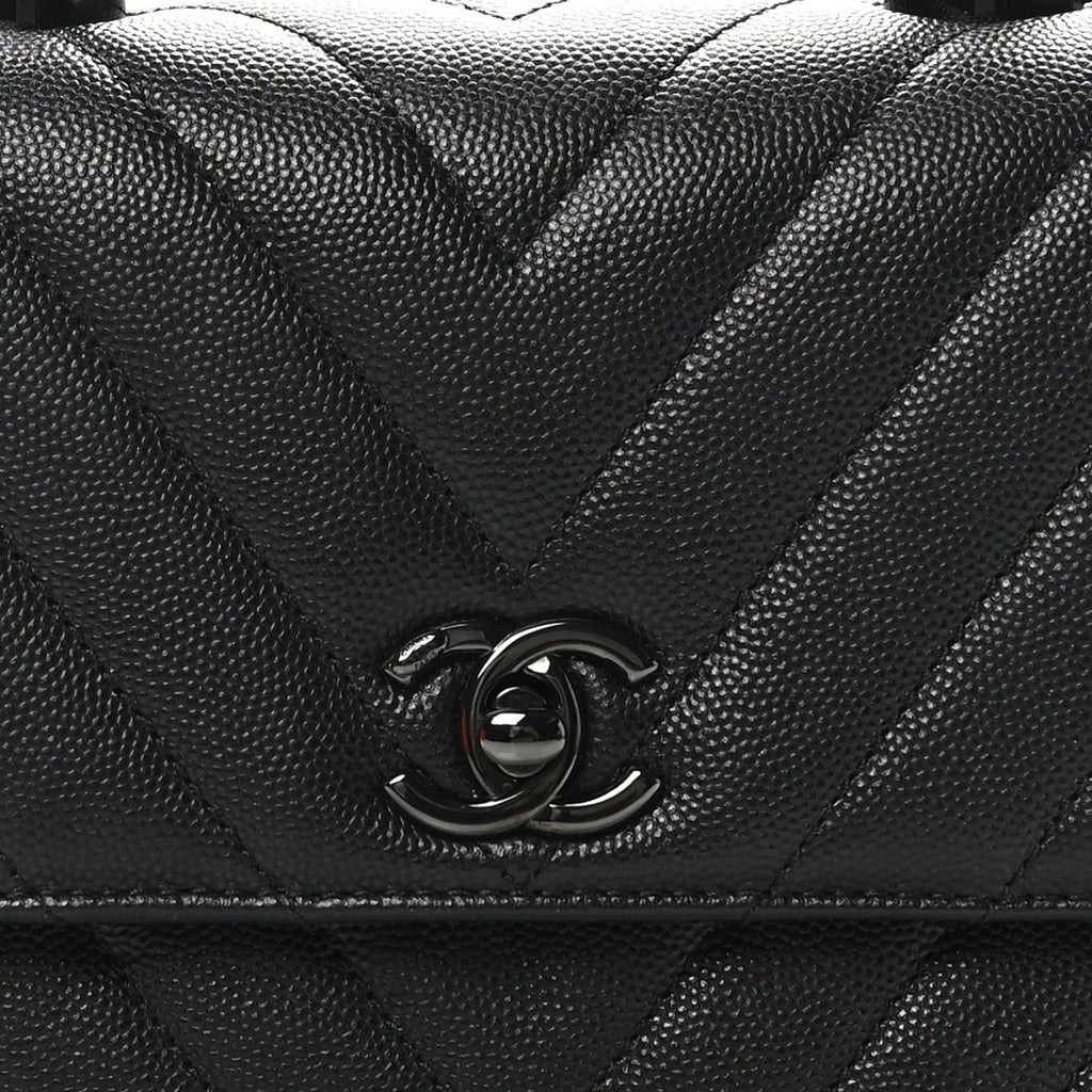 Caviar Chevron Quilted Mini Coco Handle Flap So Black