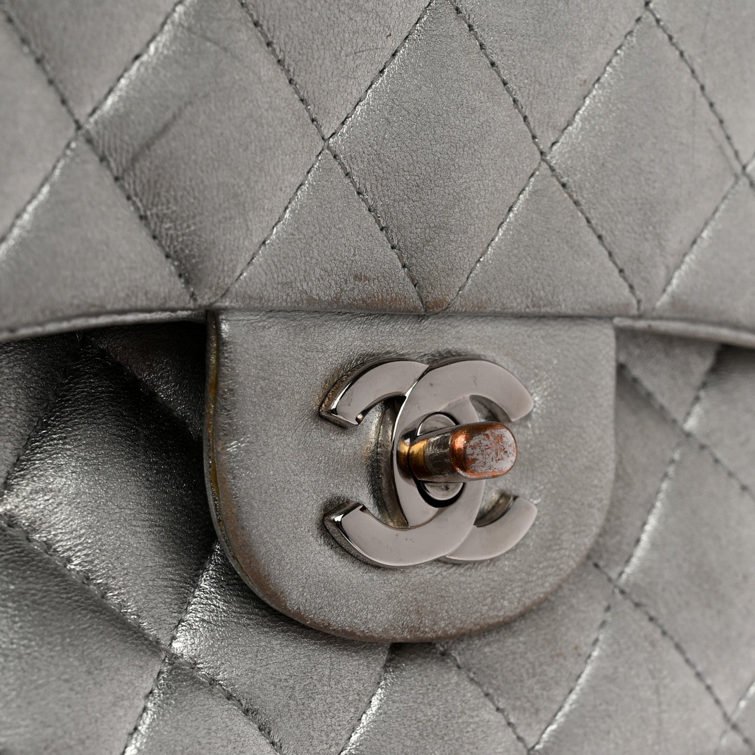 Metallic Lambskin Quilted Medium Double Flap Silver