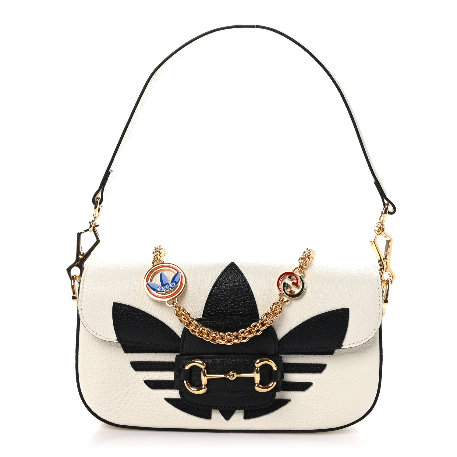 X ADIDAS Textured Dollar Calfskin Web Trefoil Mini Horsebit 1955 Shoulder Bag Off White Black
