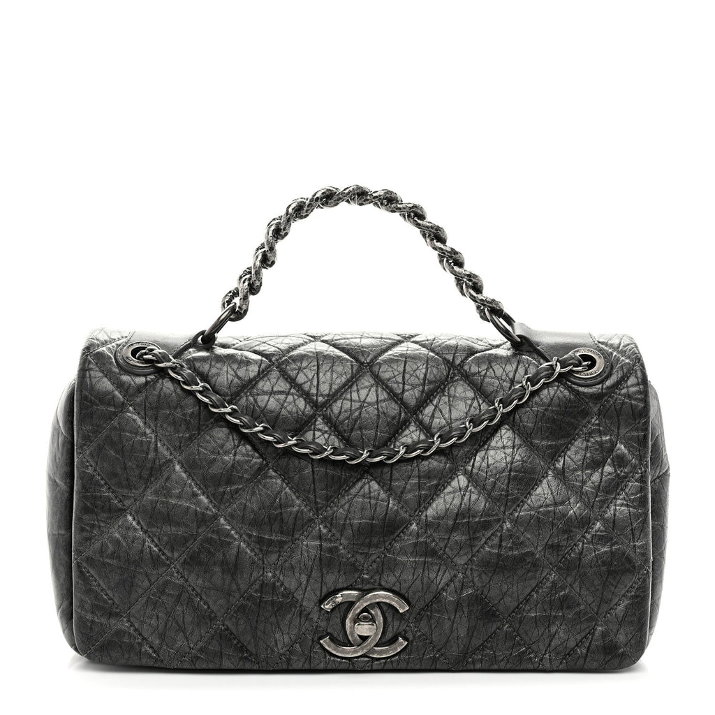 Aged Calfskin Quilted Medium Pondichery Flap Dark Grey