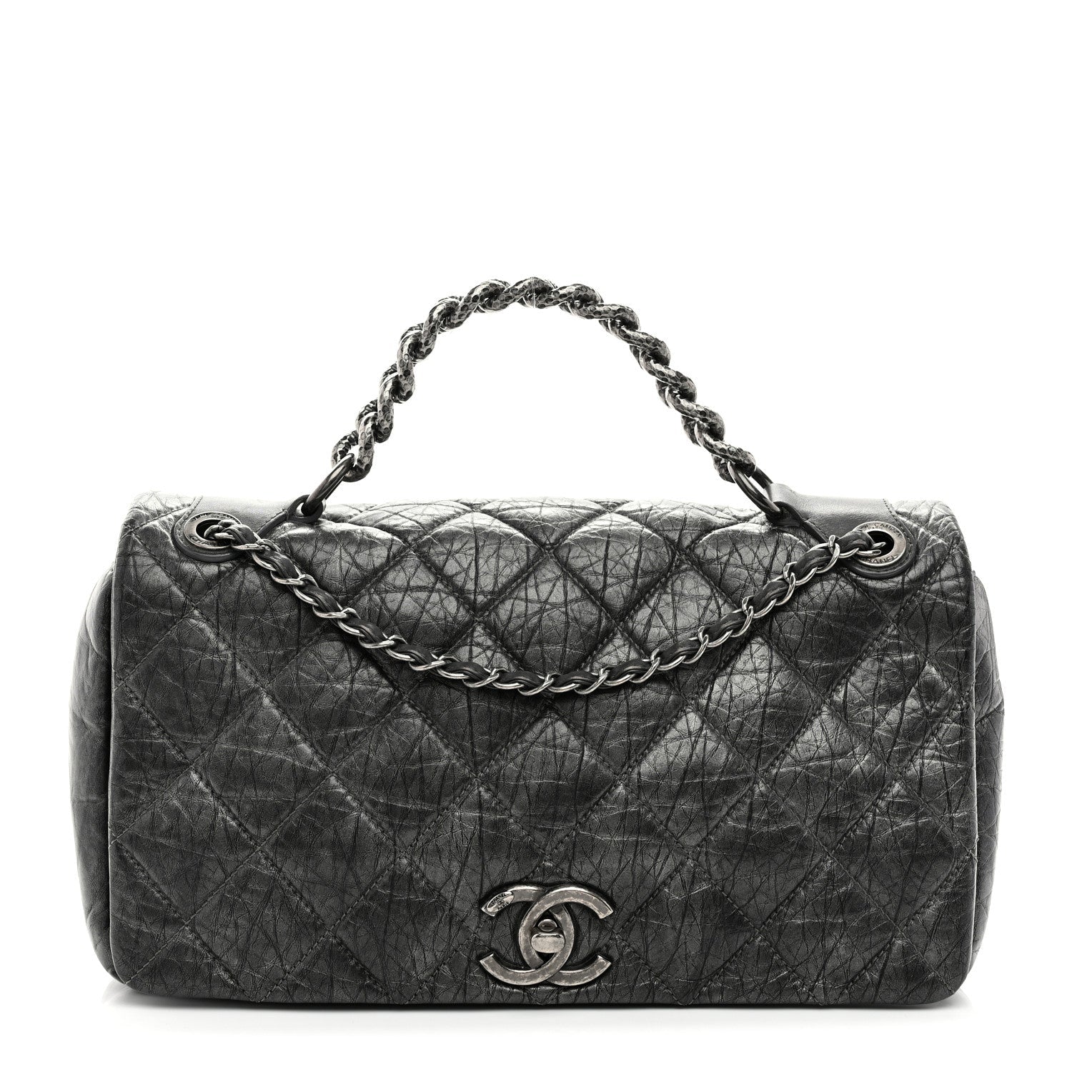 Aged Calfskin Quilted Medium Pondichery Flap Dark Grey