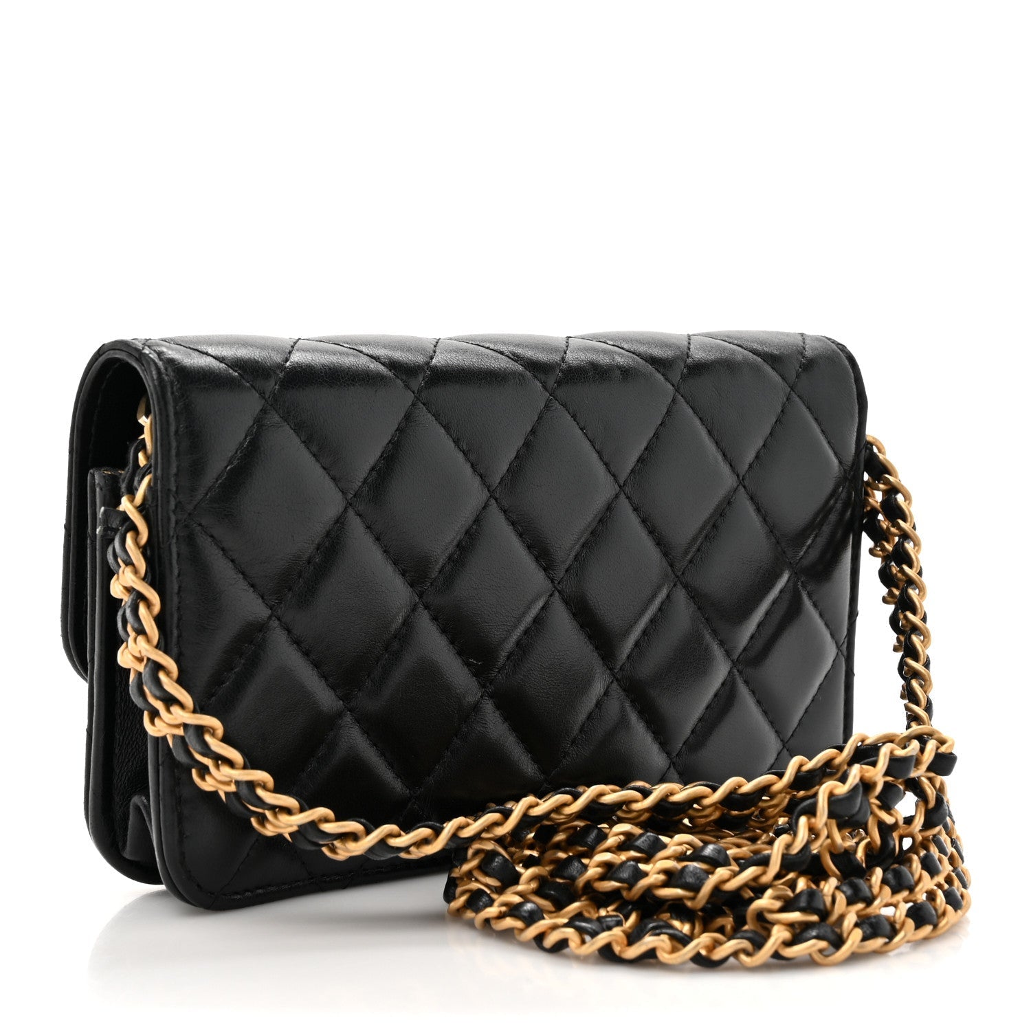 Lambskin Quilted CC Logo Flap Phone Holder With Chain Black