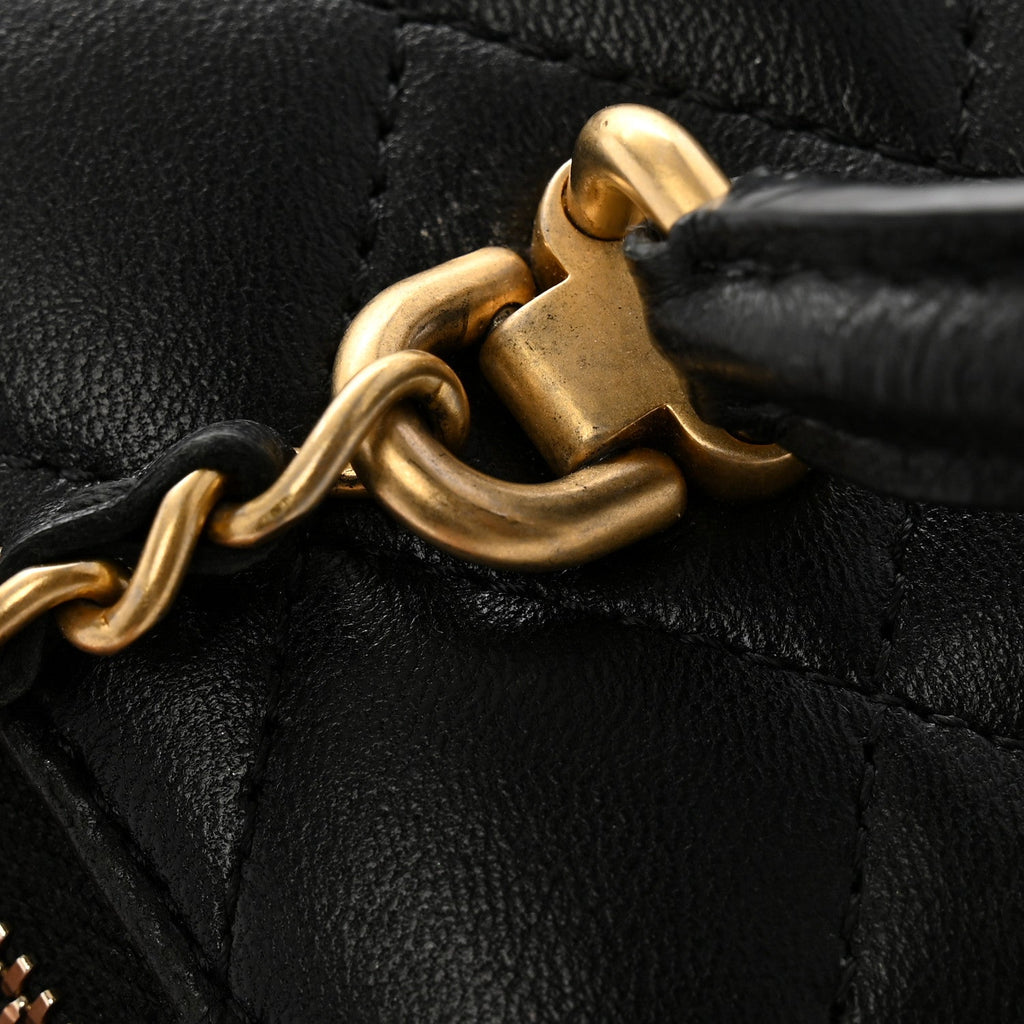 Lambskin Quilted Metal Small Top Handle Vanity Case With Chain Black