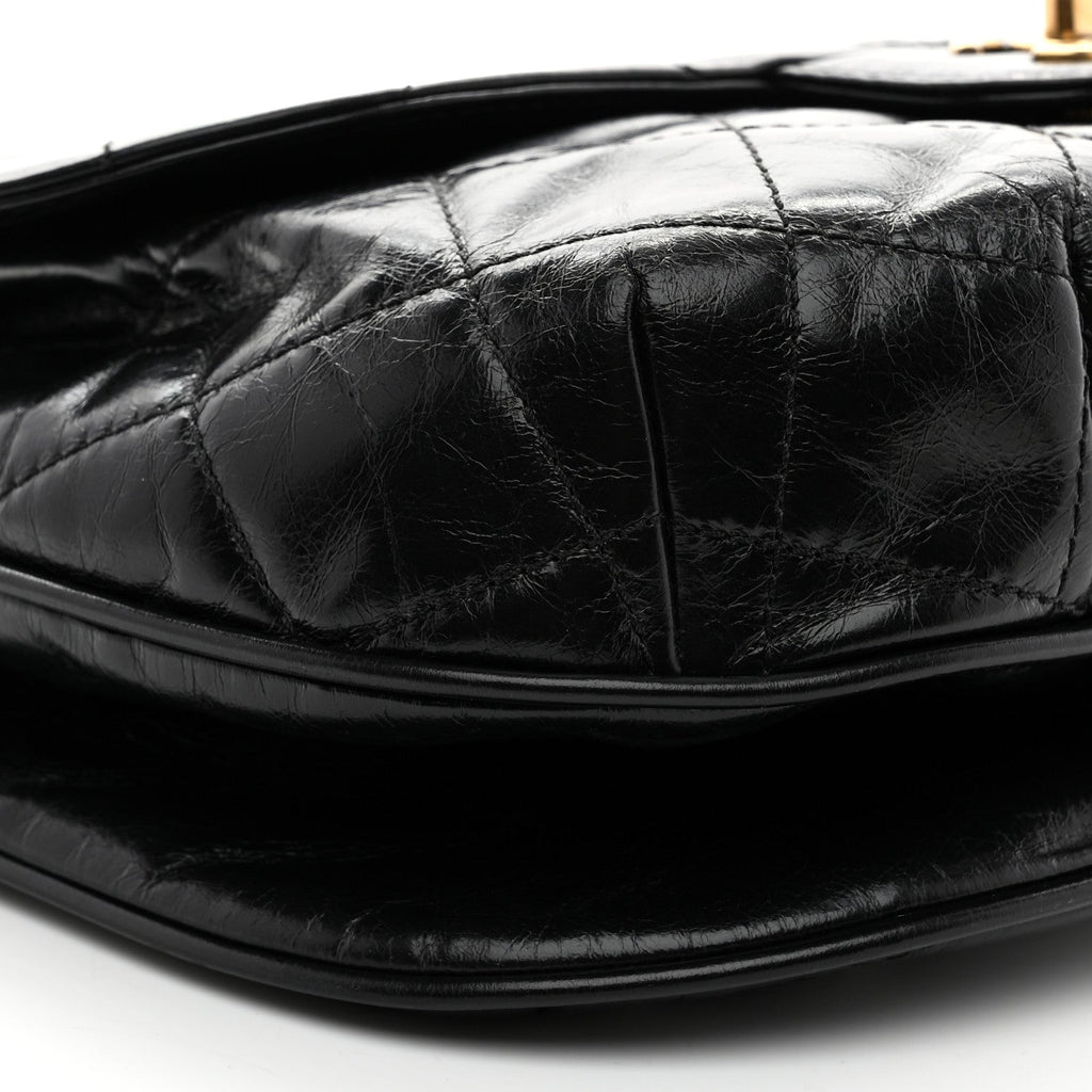 Glazed Calfskin Quilted Medium Bubble CC Flap Black