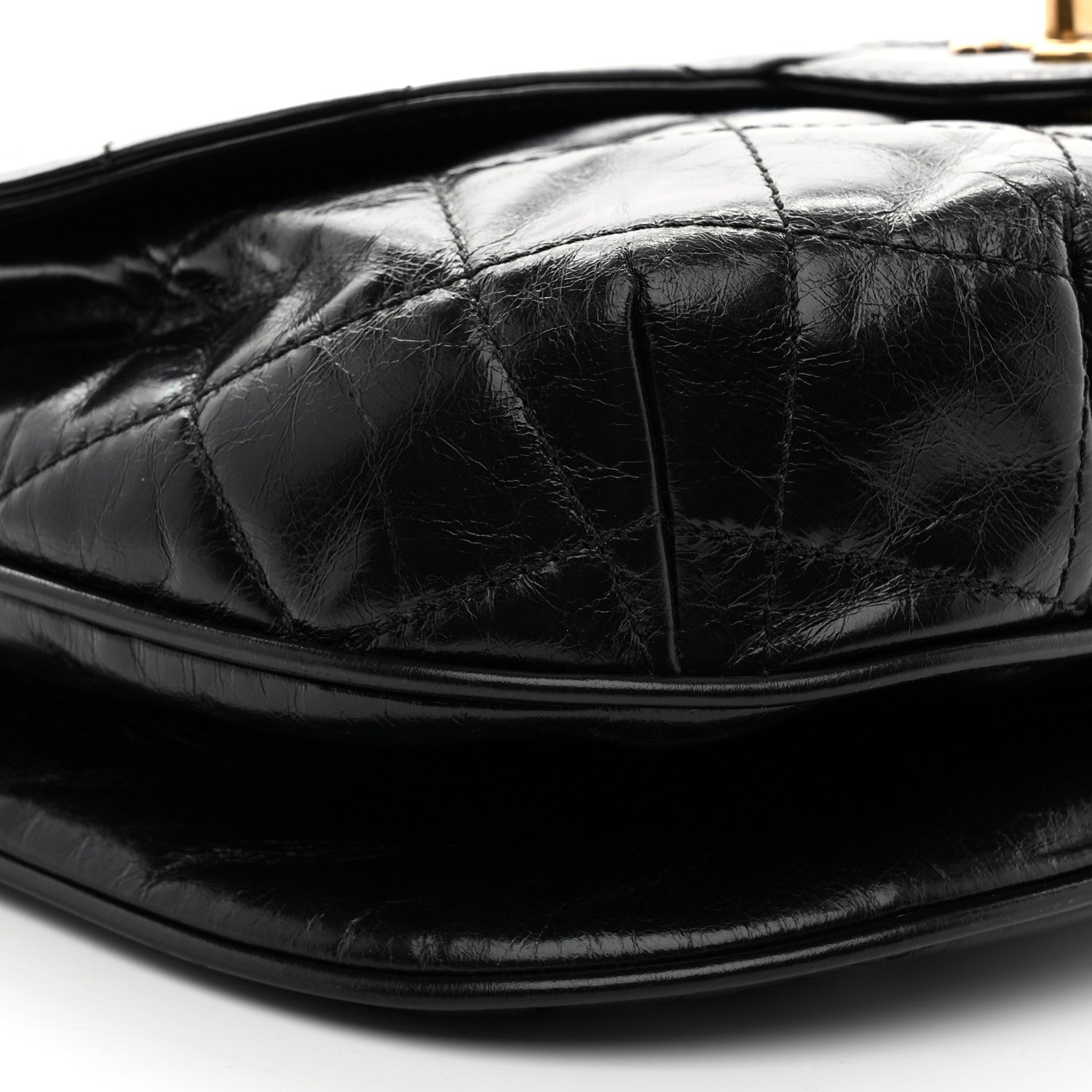 Glazed Calfskin Quilted Medium Bubble CC Flap Black