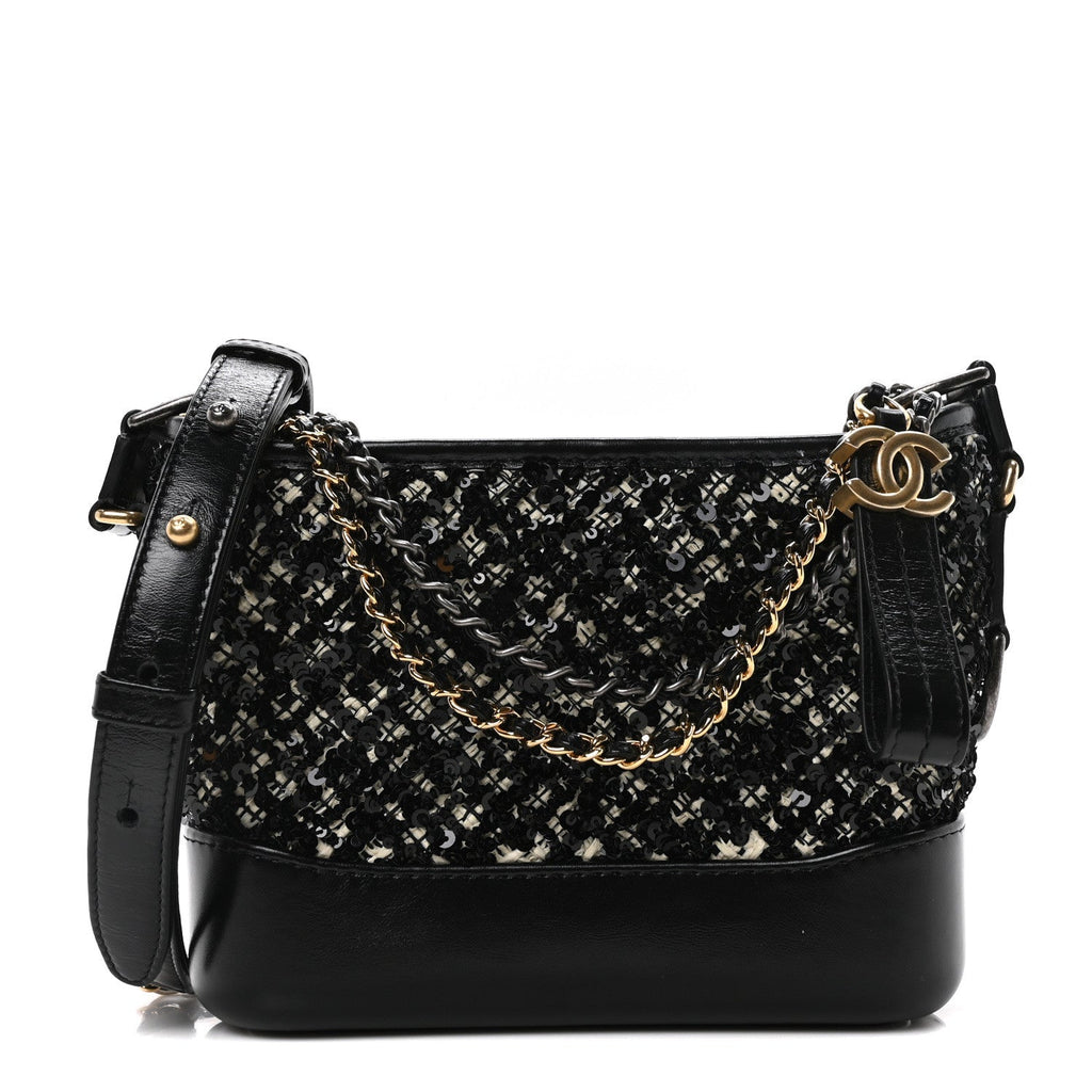 Tweed Sequin Calfskin Small Gabrielle Hobo Beige Black