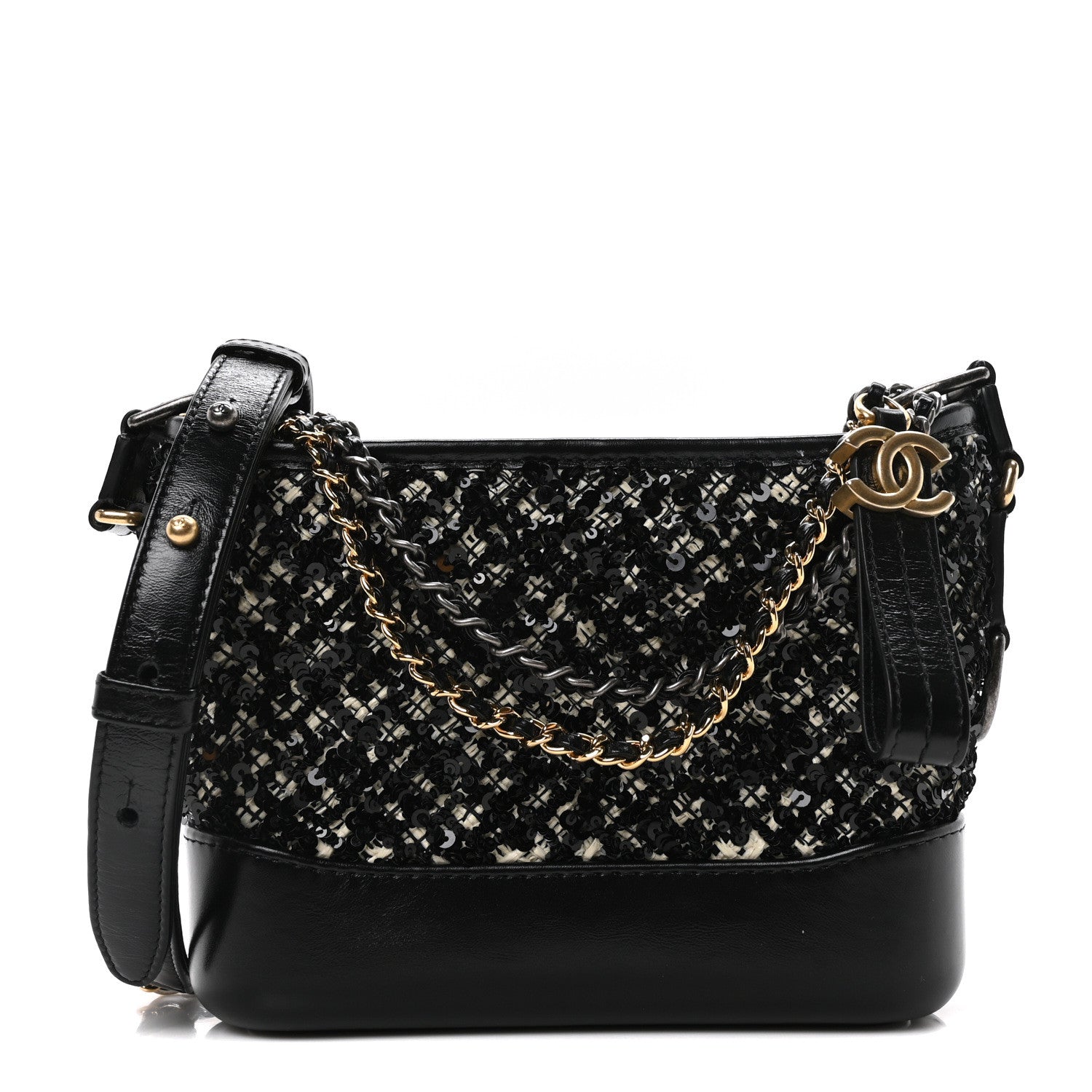 Tweed Sequin Calfskin Small Gabrielle Hobo Beige Black