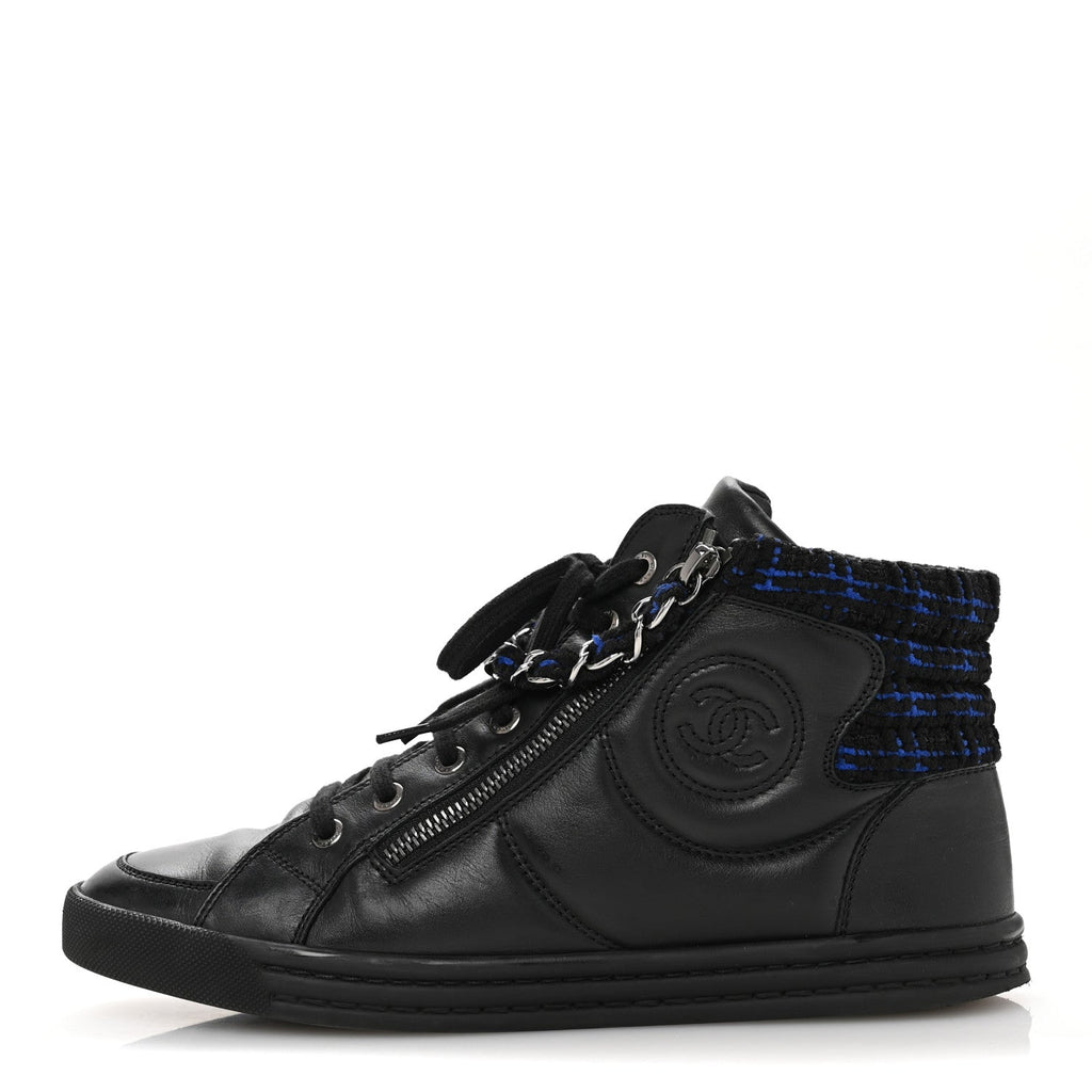 Lambskin Tweed Zipped Sneakers 39 Black Blue