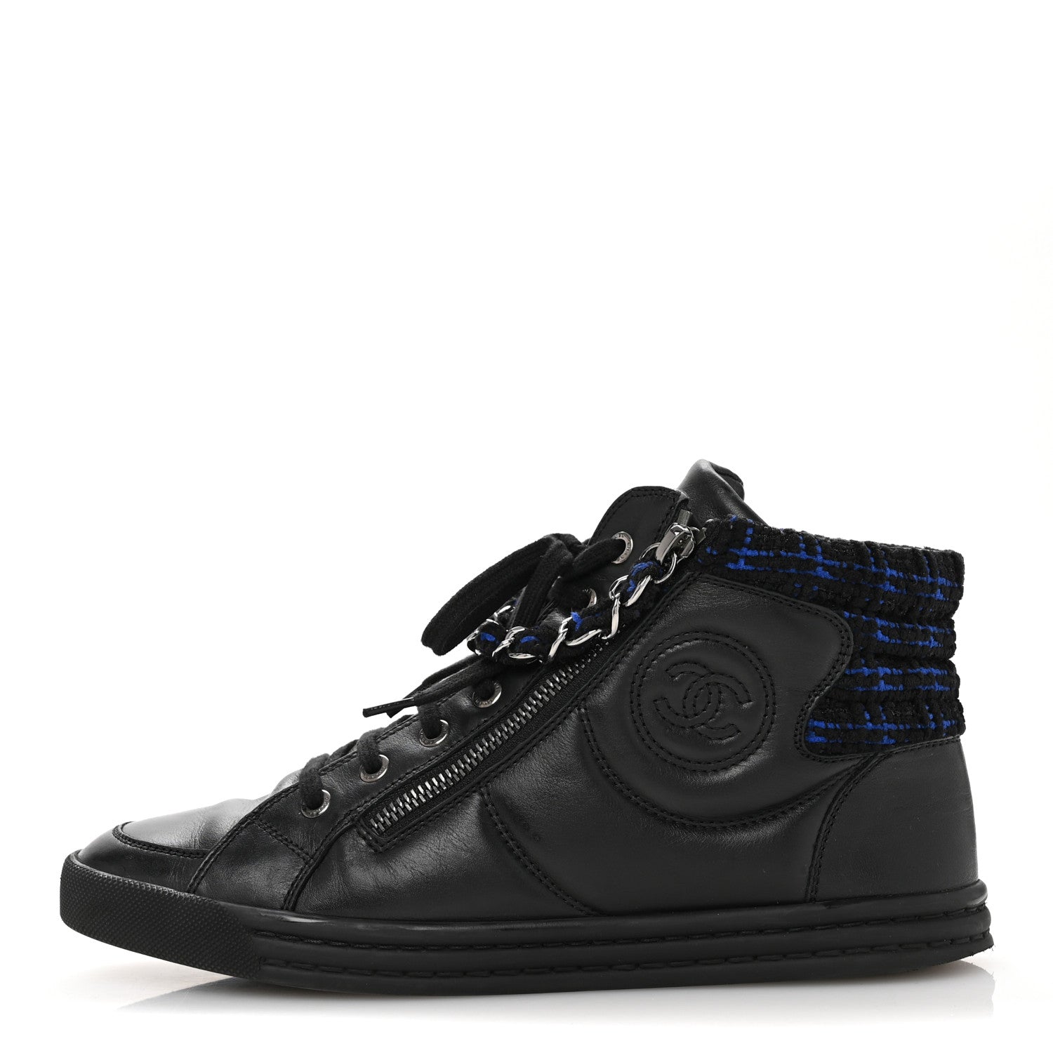 Lambskin Tweed Zipped Sneakers 39 Black Blue
