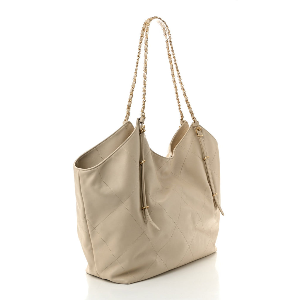 Calfskin Quilted Maxi Coco Large Shopping Bag Beige