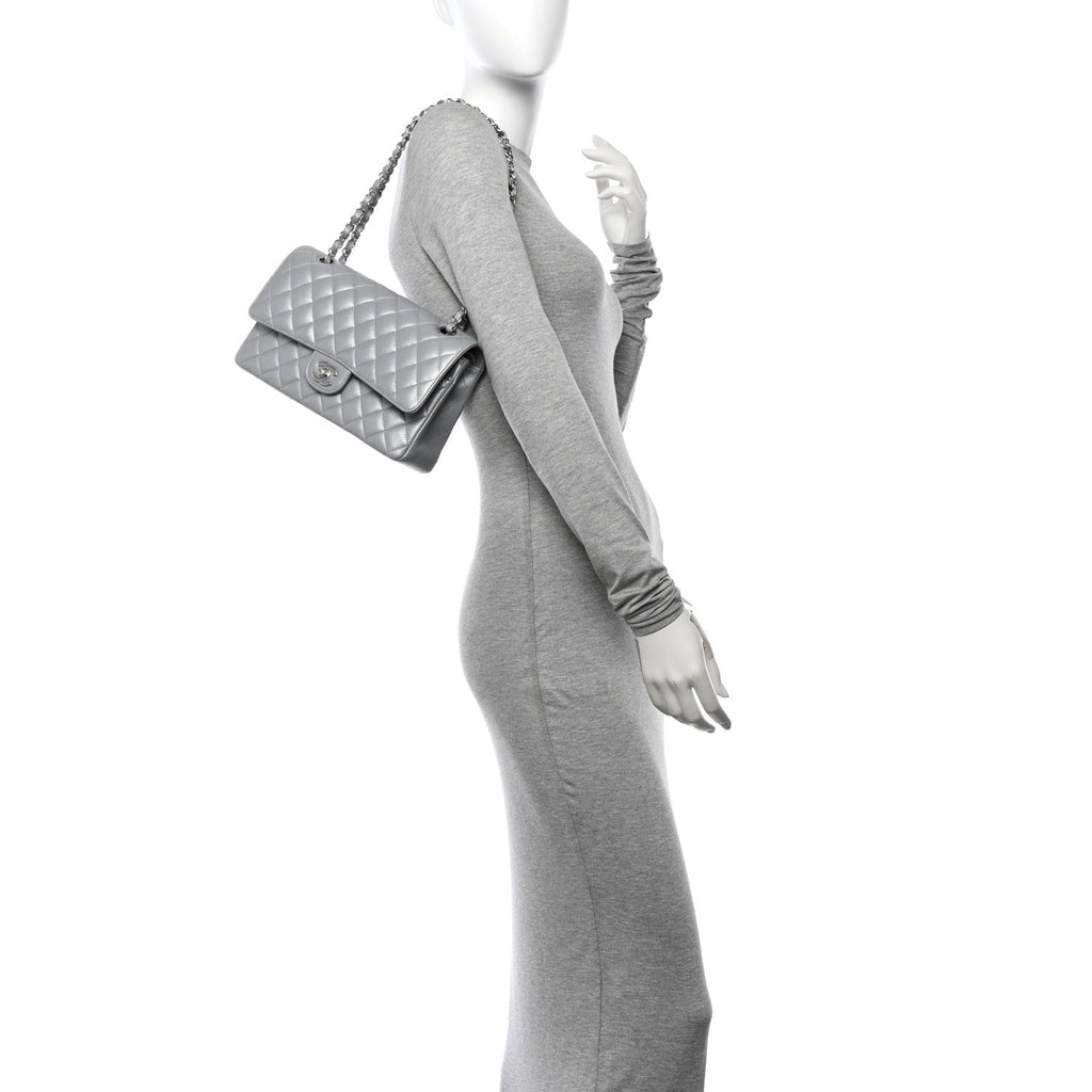 Iridescent Lambskin Quilted Medium Double Flap Grey