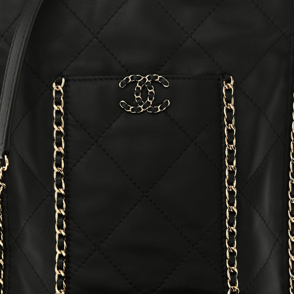 Calfskin Quilted Fringe Small Shopping Bag Black