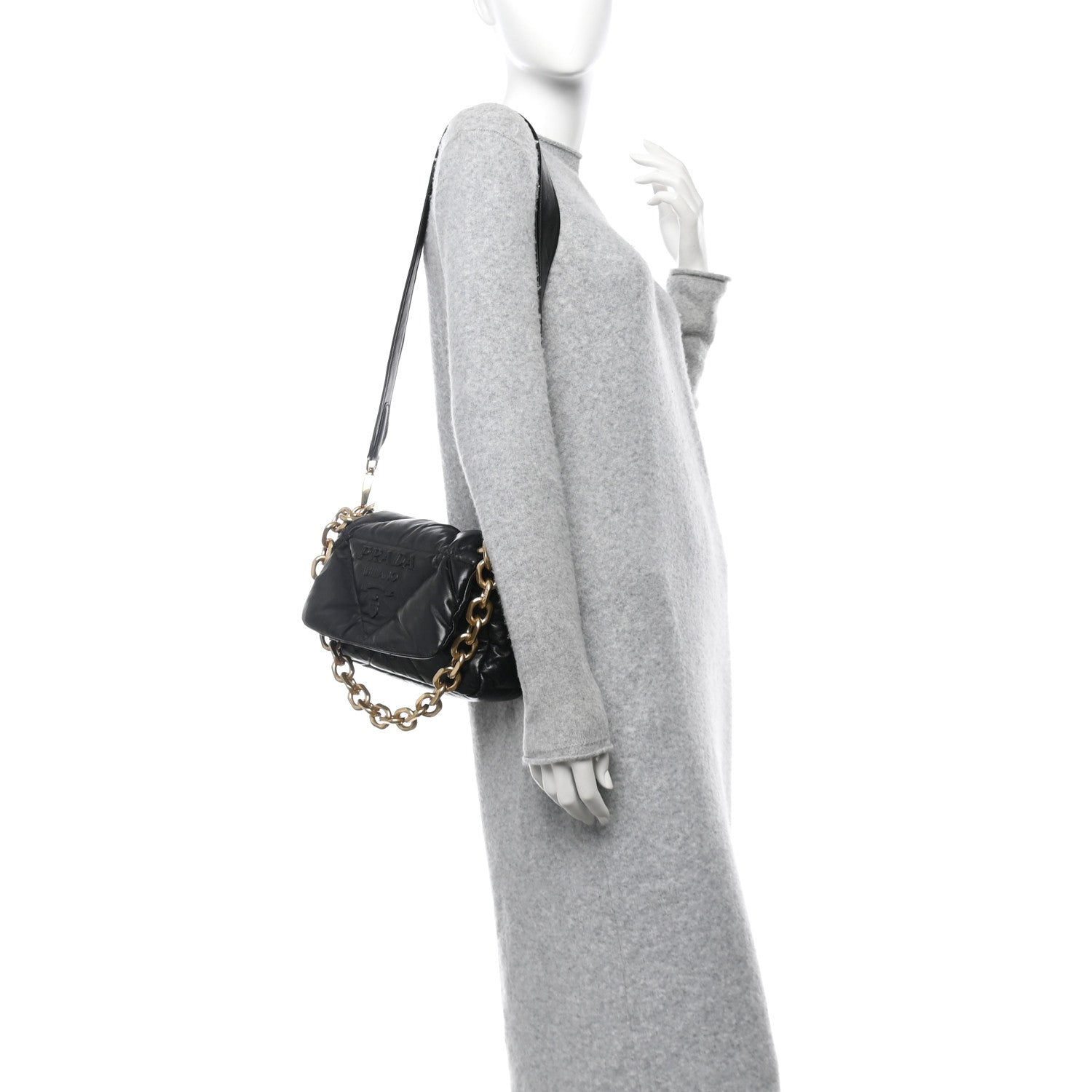 Nappa Soft Padded Logo Embossed Triangle Quilted Small Shoulder Bag Black