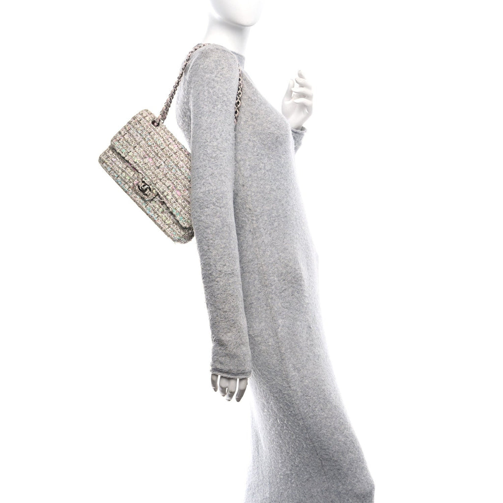 Tweed Quilted Medium Double Flap Light Pink Multicolor