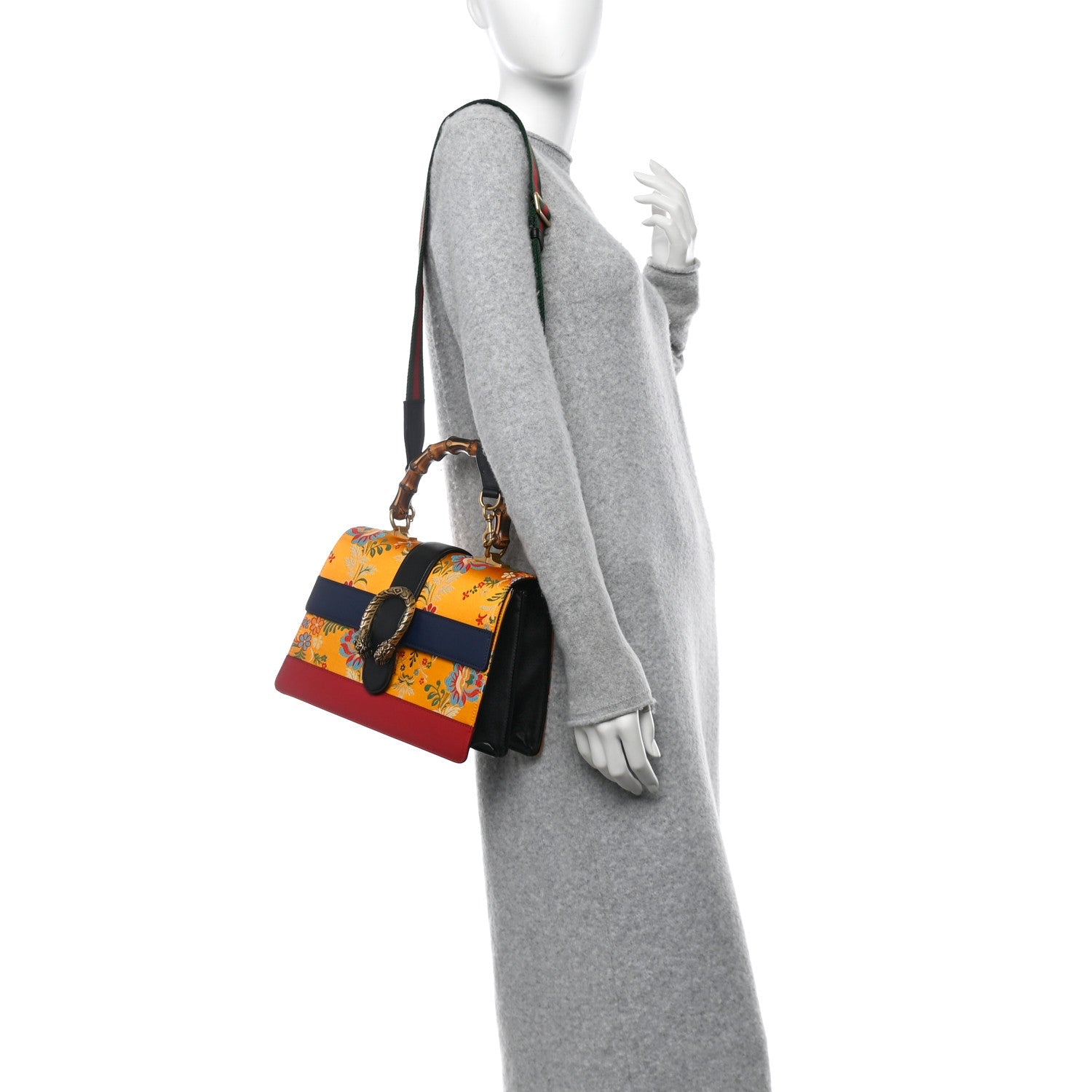Satin Calfskin Bamboo Web Tokyo Print Medium Dionysus Top Handle Bag Giallo Multicolor Blue Agata Hibiscus Red
