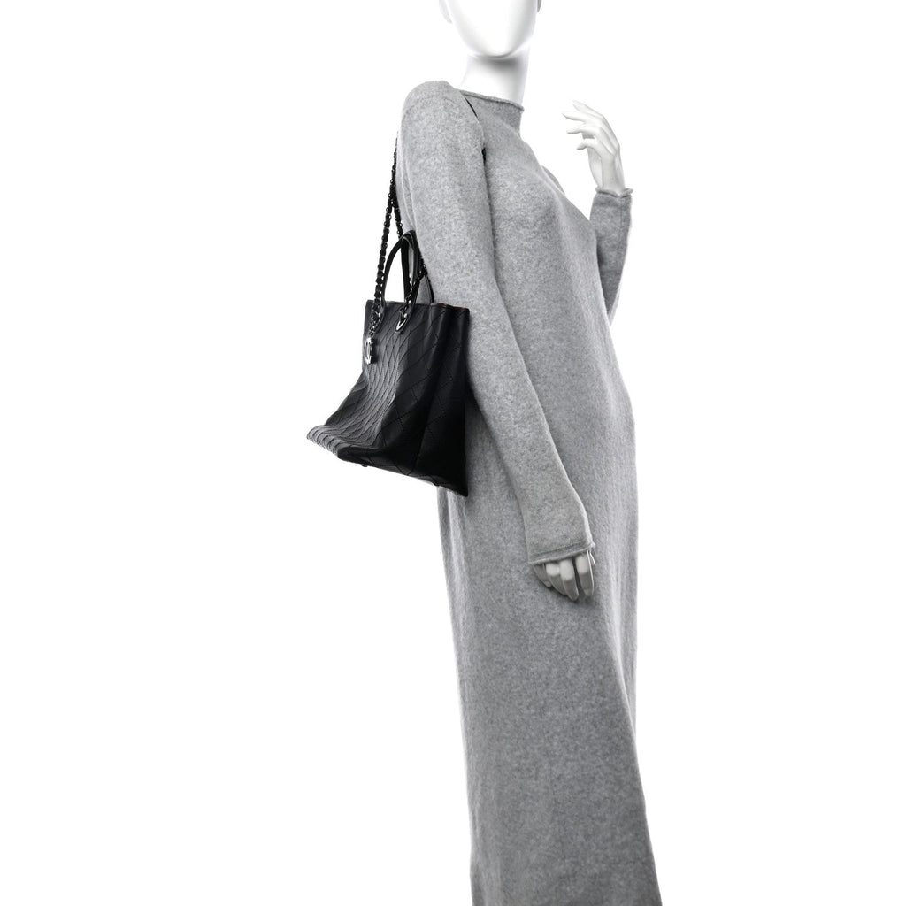 Calfskin Stitched Medium Shopping Tote Black