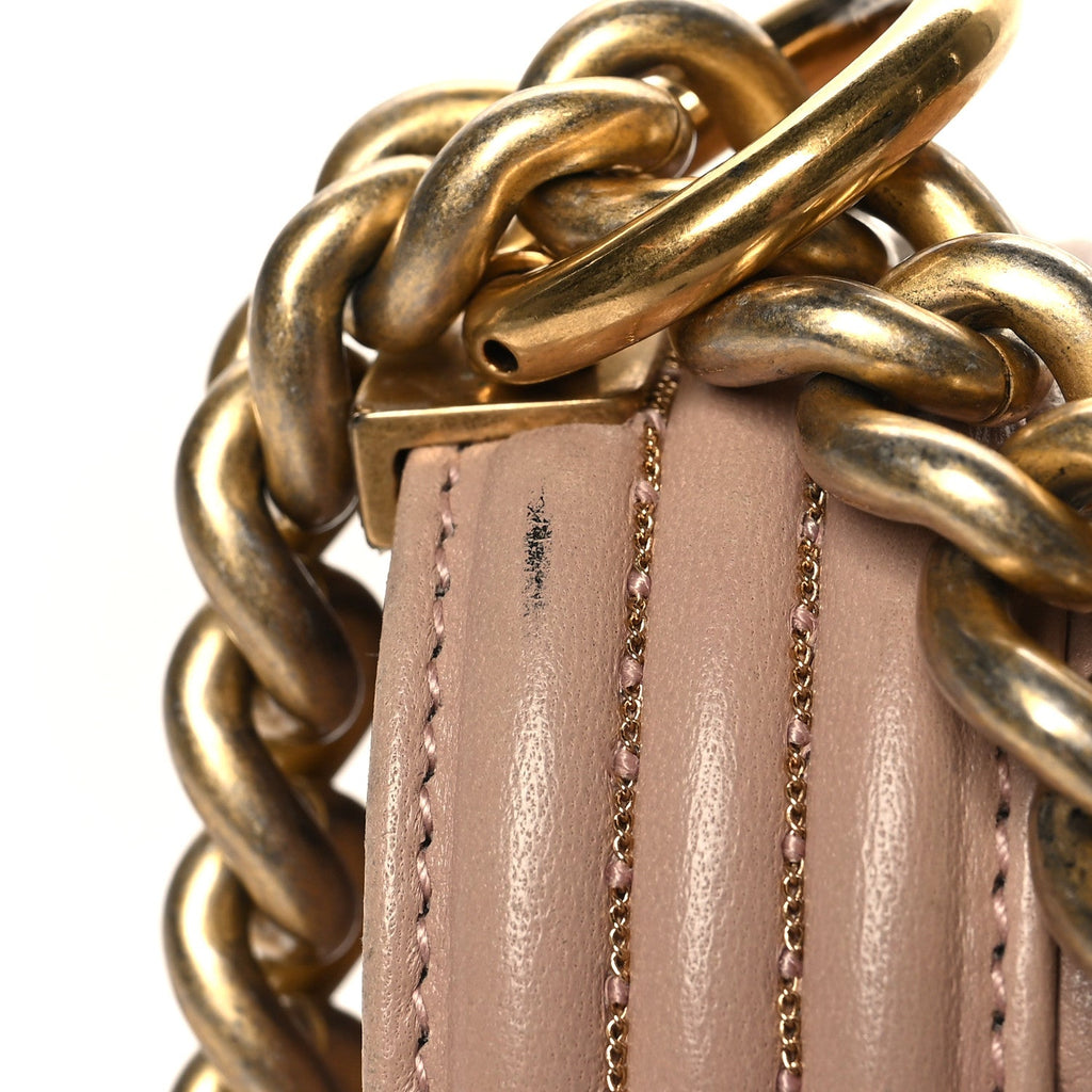 Lambskin Chevron Chain Stitched Medium Boy Flap Beige