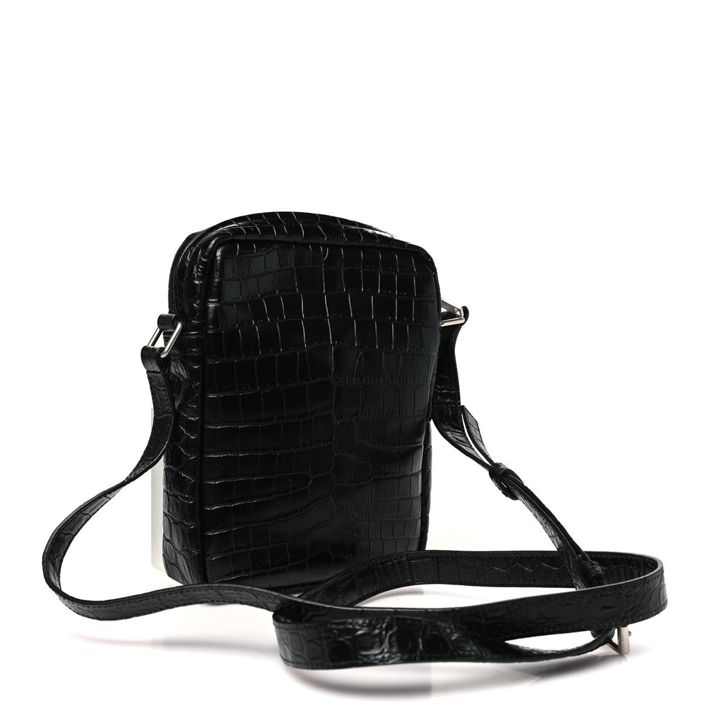 Calfskin Crocodile Embossed Sid Messenger Bag Black