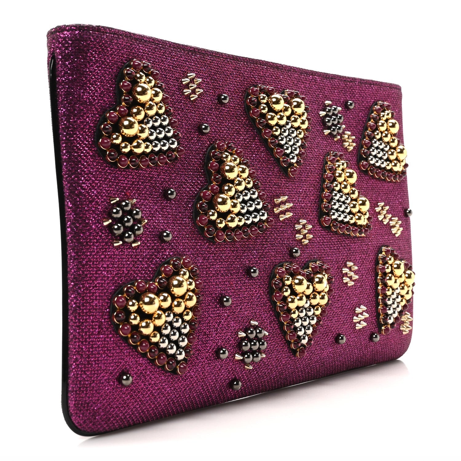 Metallic Raffia Studded Loubiposh Chain Clutch Magenta
