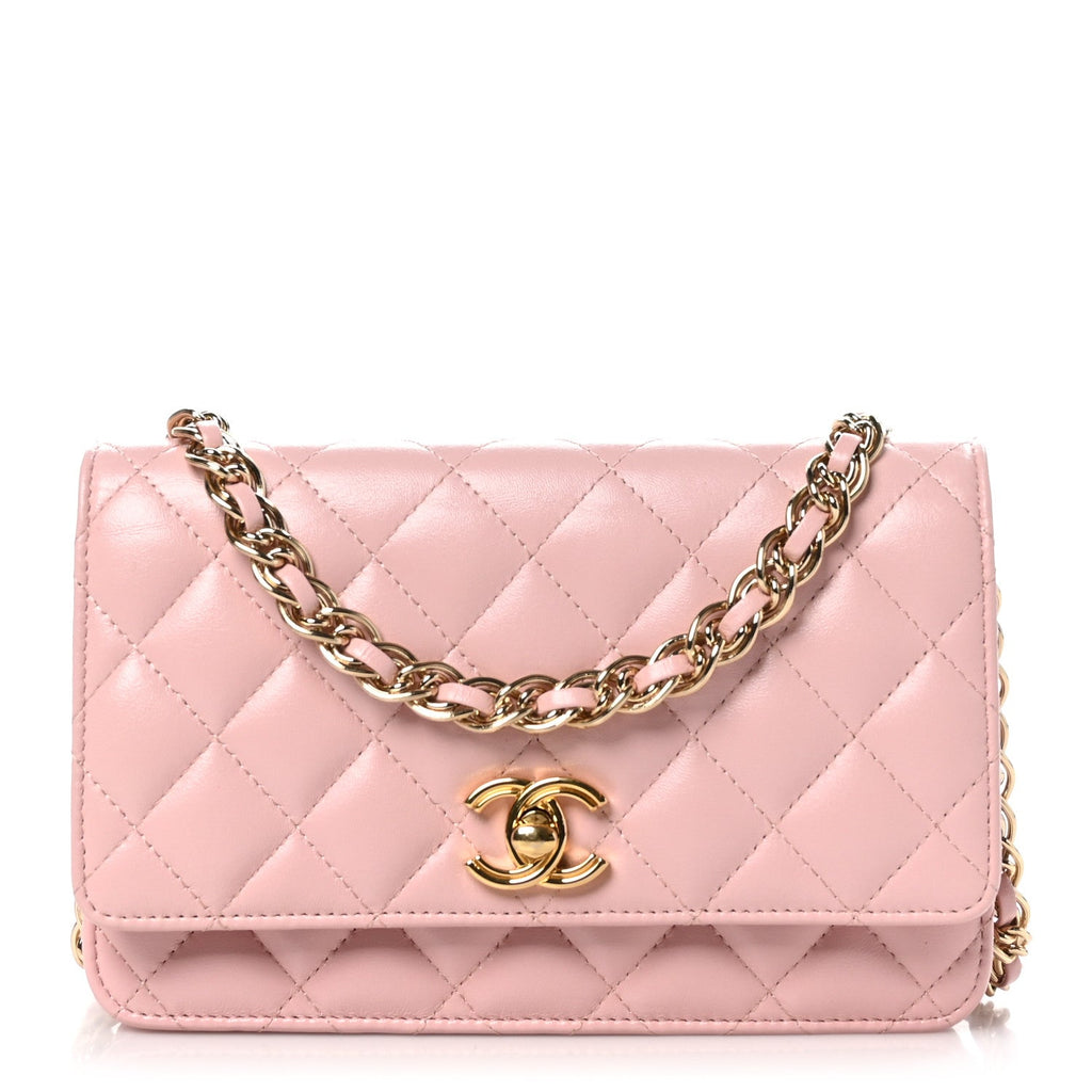 Shiny Lambskin Quilted Golden Links Wallet On Chain WOC Light Pink