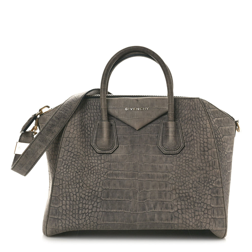 Nubuck Crocodile Embossed Medium Antigona Washed Black