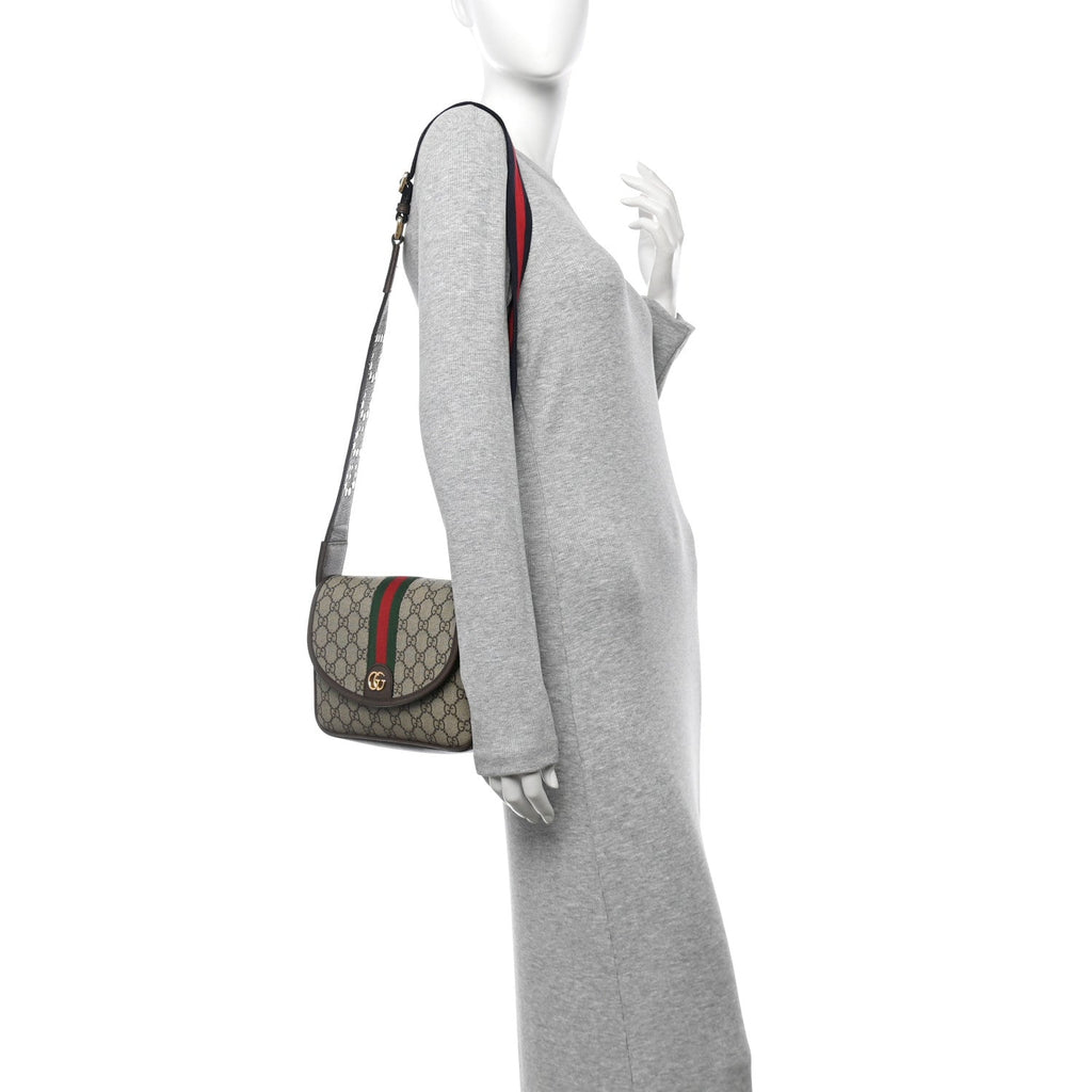 GG Supreme Monogram Textured Dollar Calfskin Web Studded Mini Ophidia Flap Shoulder Bag Beige Ebony New Acero