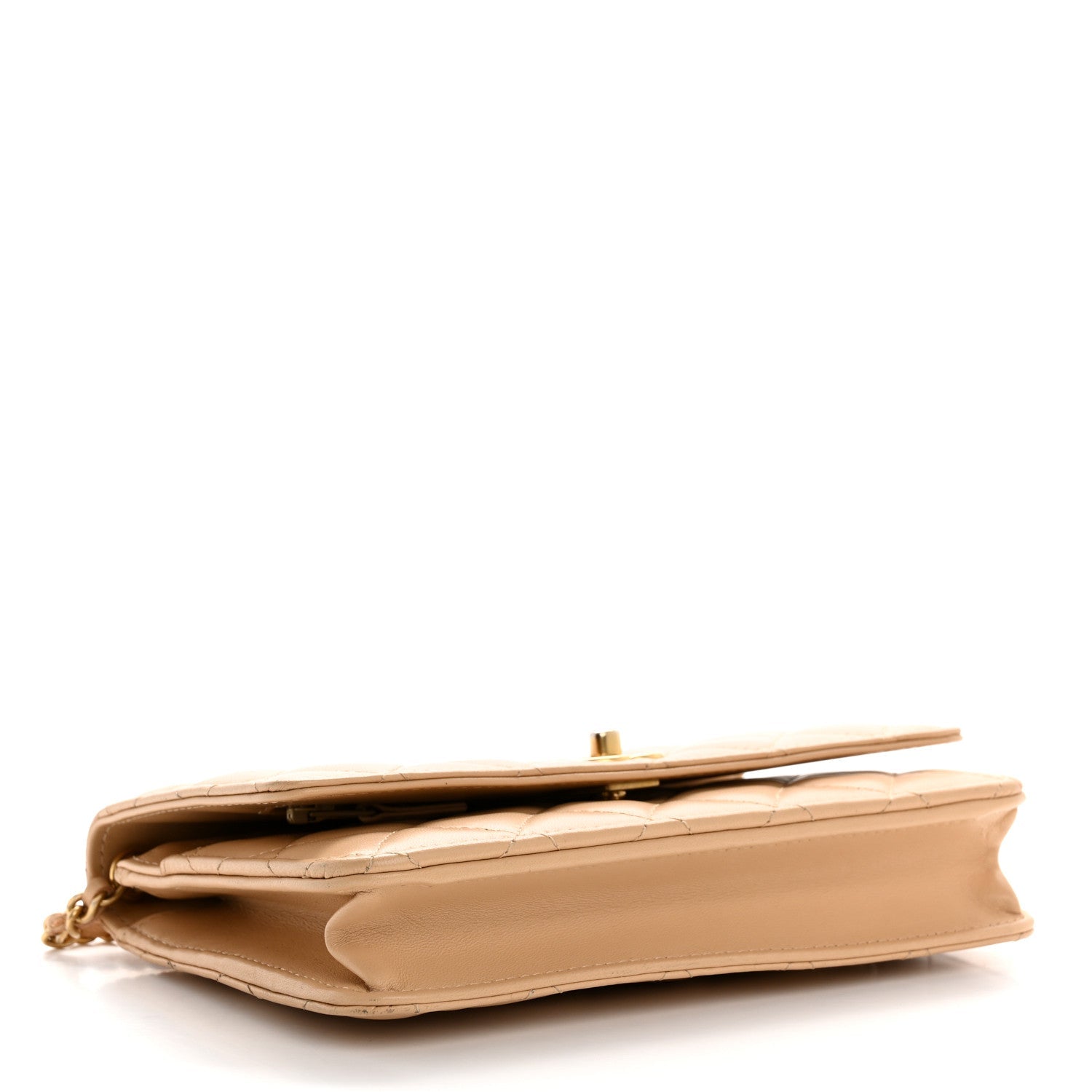 Lambskin Quilted CC Pearl Crush Wallet on Chain WOC Light Beige