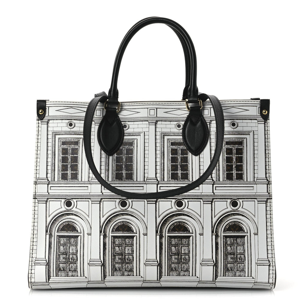 X FORNASETTI Calfskin Architettura Onthego MM Black White