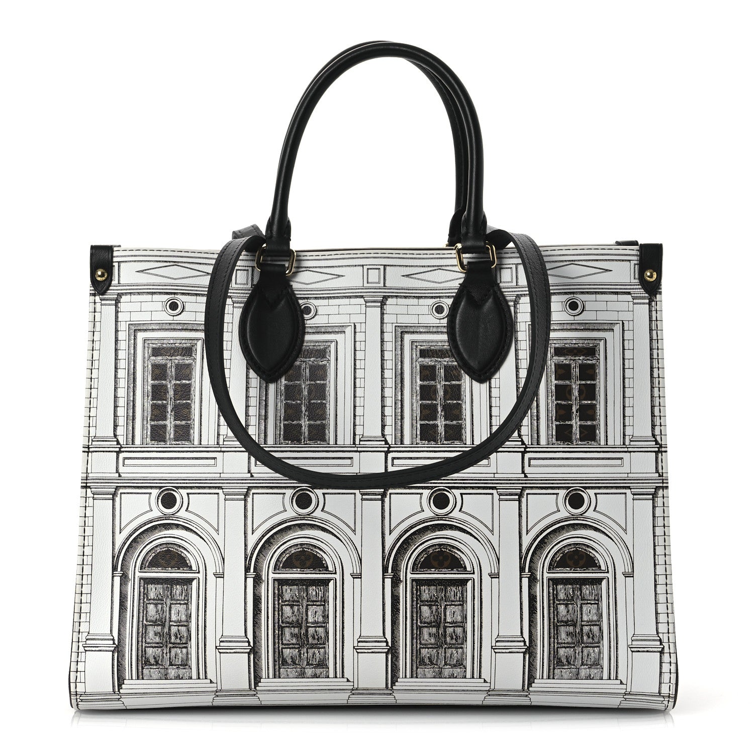 X FORNASETTI Calfskin Architettura Onthego MM Black White