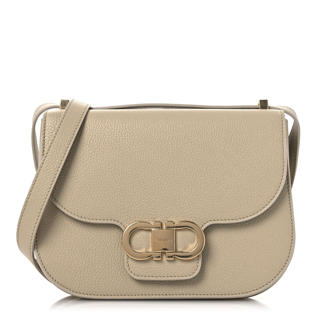 Grained Calfskin Double Gancini Crossbody Stone